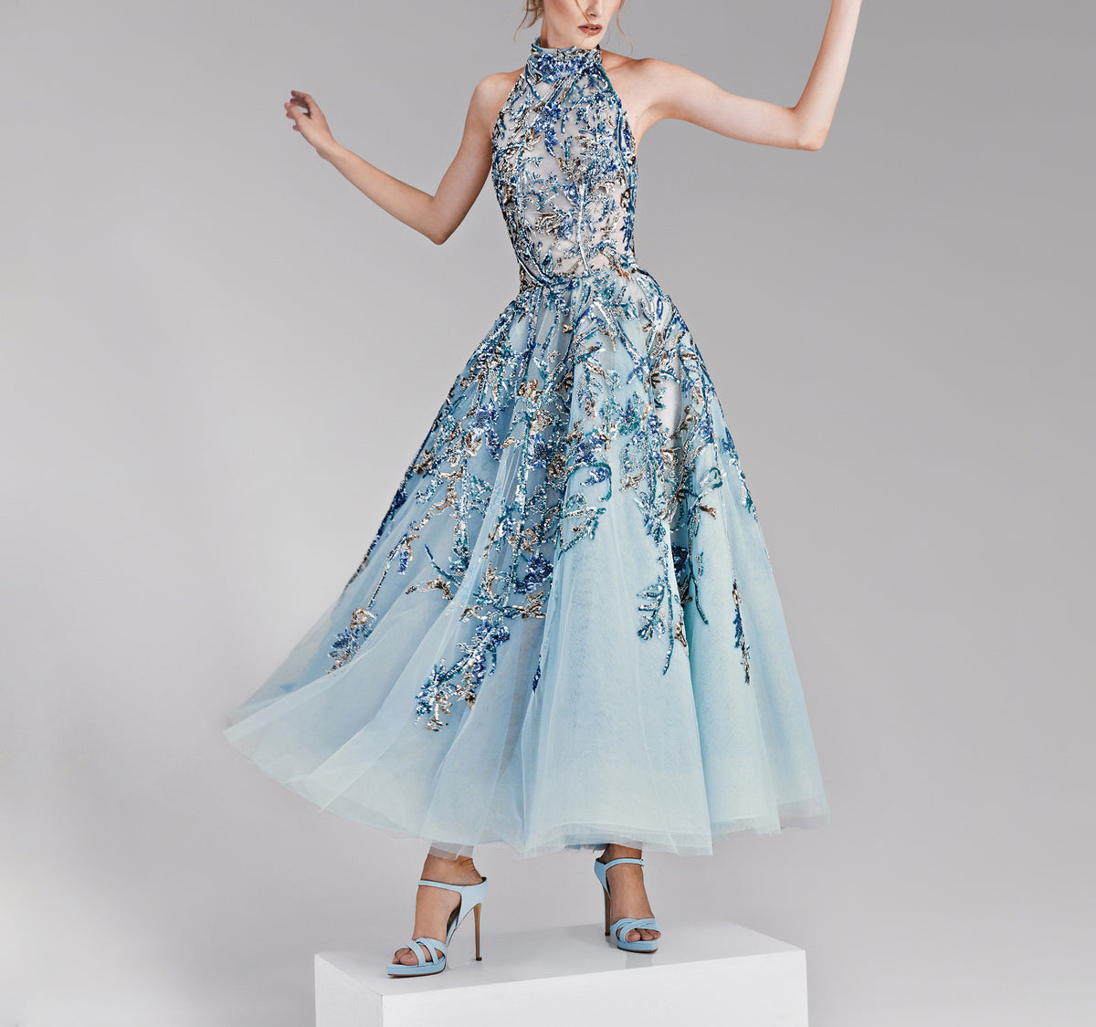 Midi Blue Dress with A Halter Neckline by Tony Ward – Elilhaam