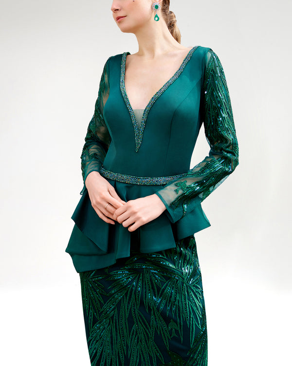 Green Embellished Feather Trim Gown