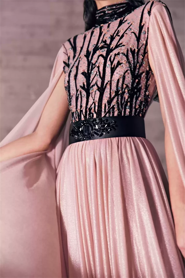 Blush Pink Jersey Dress With A Mysterious Vine Embroidered