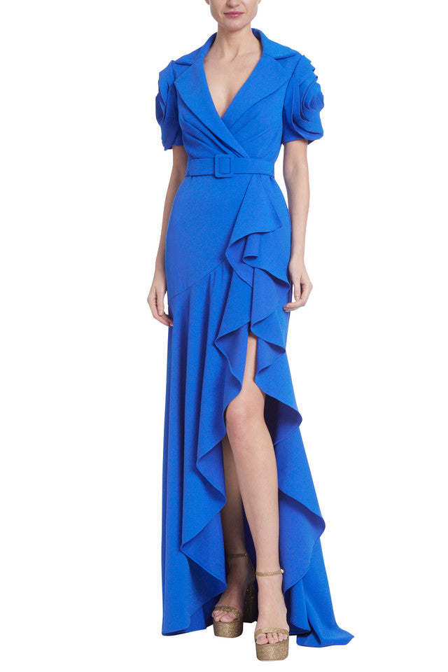Rosette Sleeves Collar Gown with Ruffled Slit