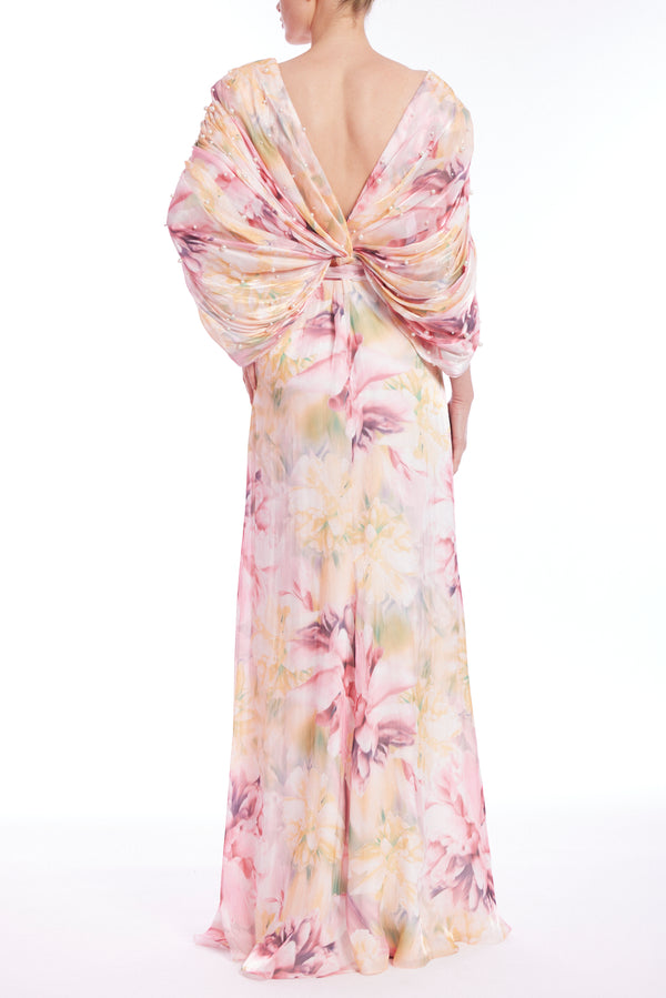 Flowing Chiffon and Pearls Floral Print Gown