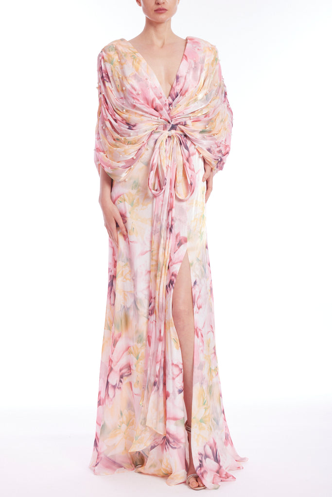 Flowing Chiffon and Pearls Floral Print Gown