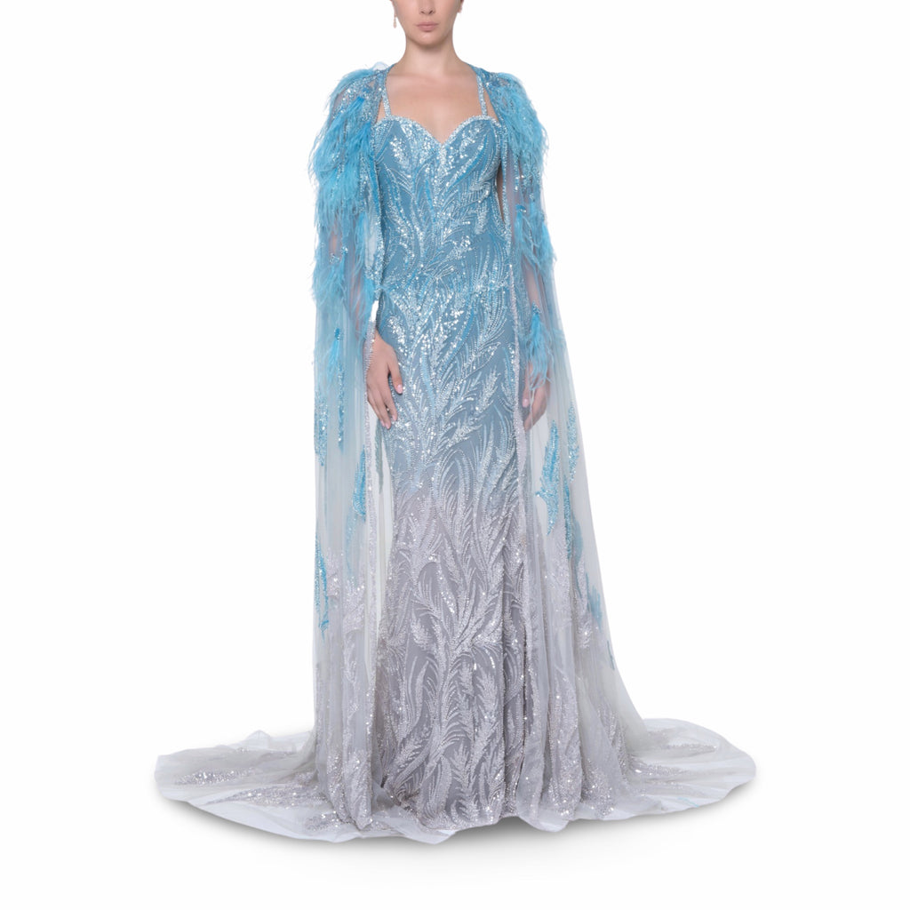 Blue To Silver Gradient Embroidered Tulle Dress