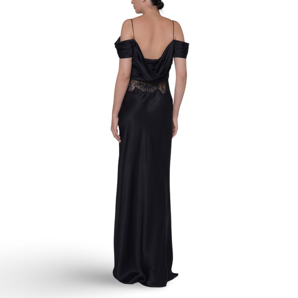 Shoulder Cut Black Satin Long Gown