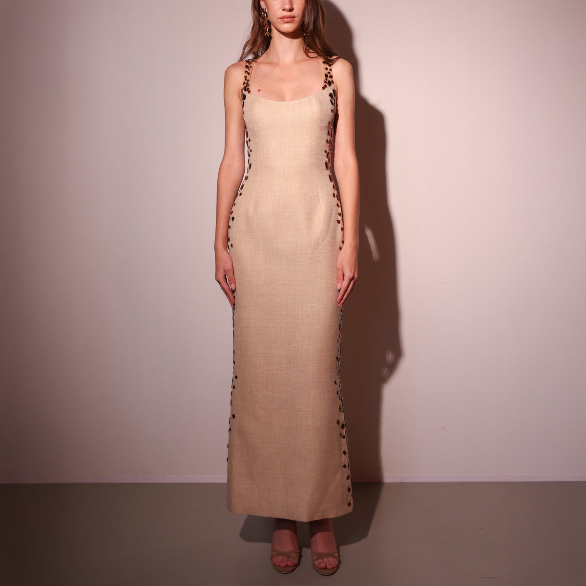 Linen Dress with Embellished Sides & Resin Acrylic Detailing by georges hobeika Elilhaam Linen Dress with Embellished Sides & Resin Acrylic Detailing by georges hobeika Elilhaam