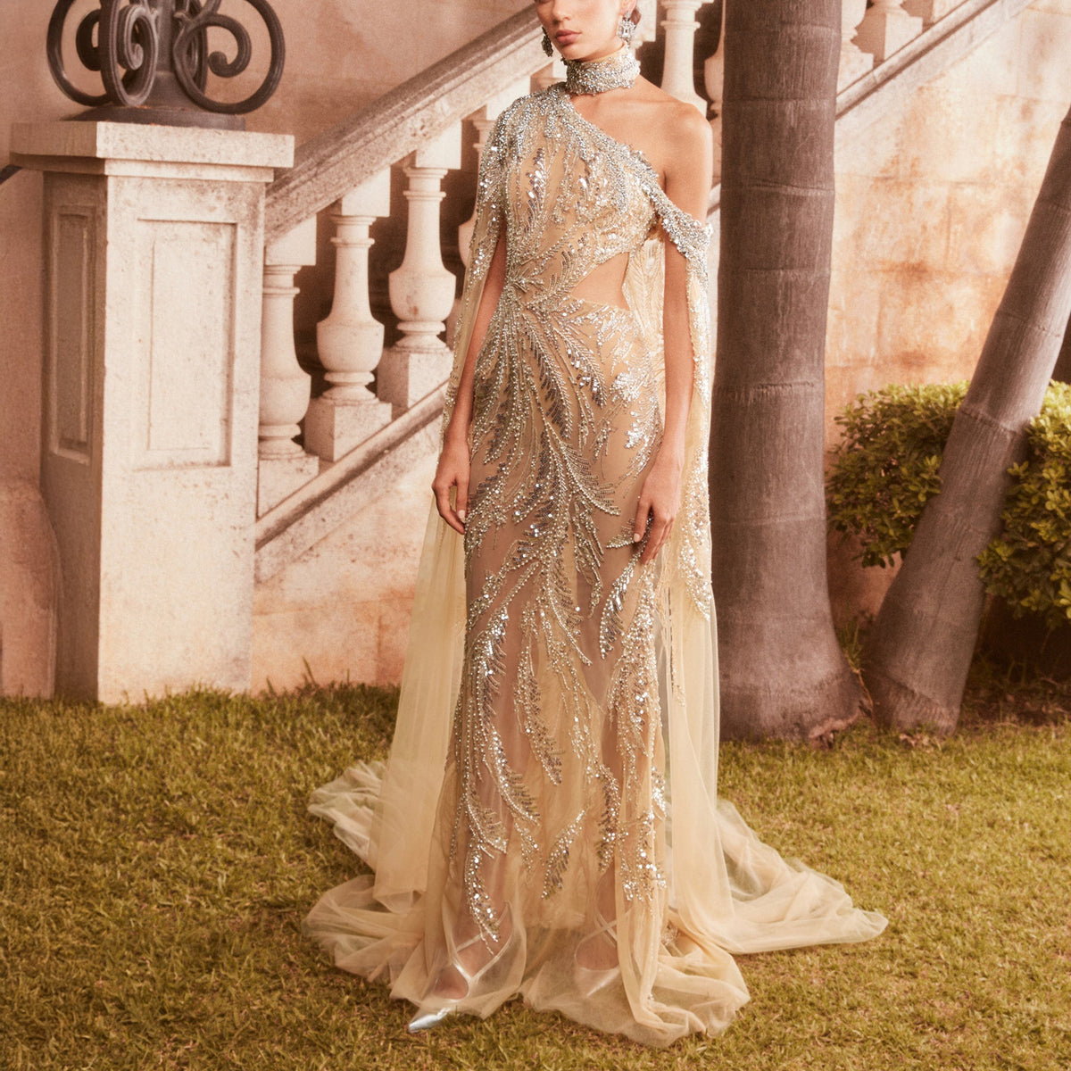 Gold Beaded Tulle Dress with Asymmetrical Neckline by Tony Ward – Elilhaam