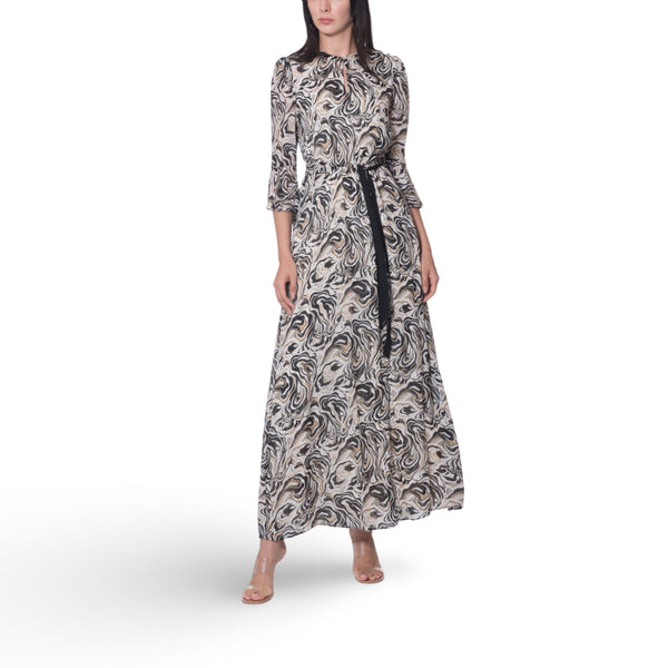 Abstract Print Belted Long Dress