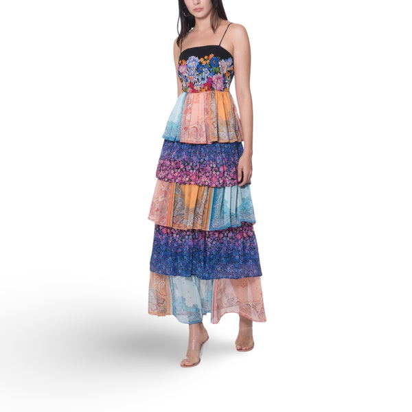 Multicolor Printed Tiered Long Dress