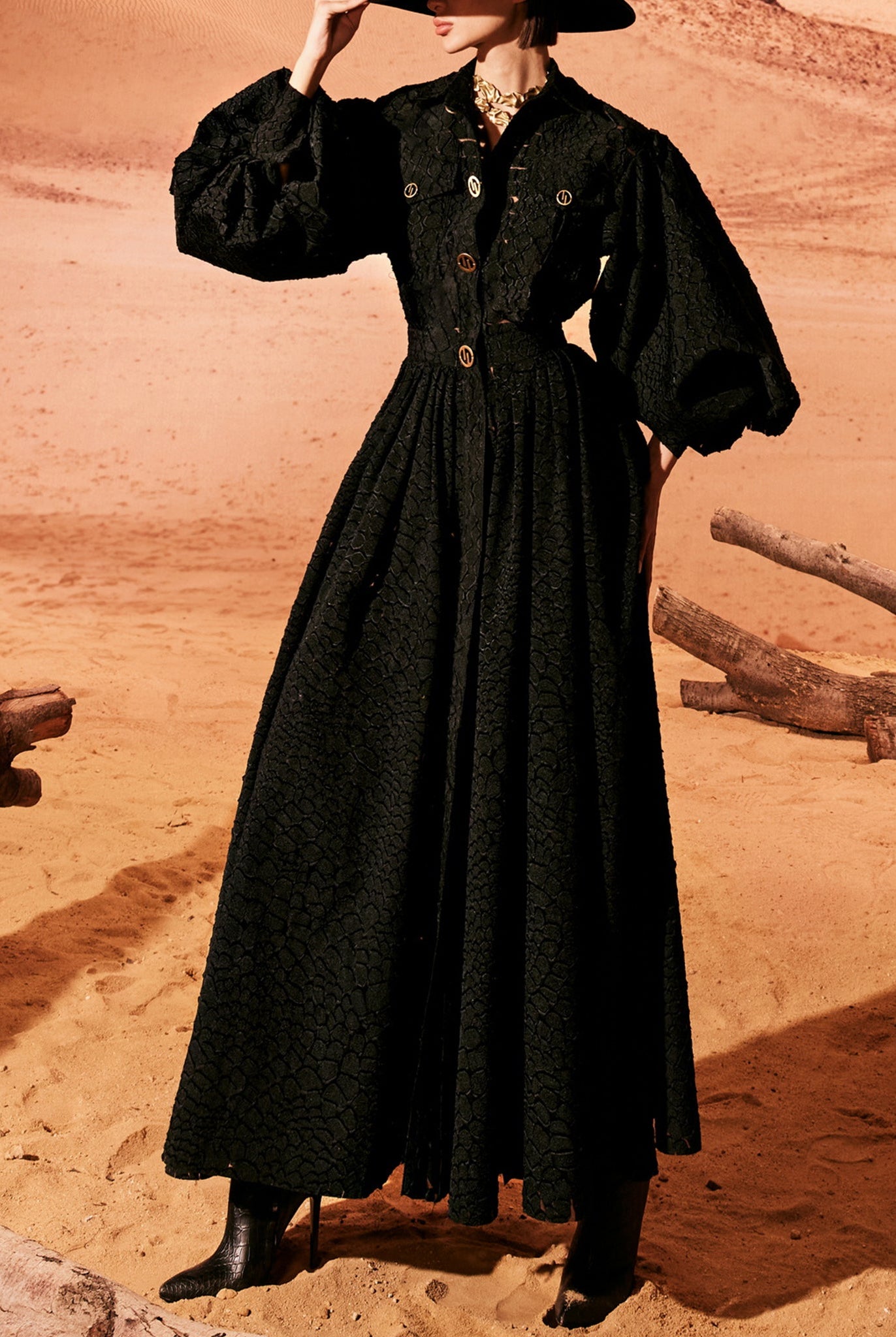 Black Less Shirt-Dress With Puffy Sleeves by Tony Ward