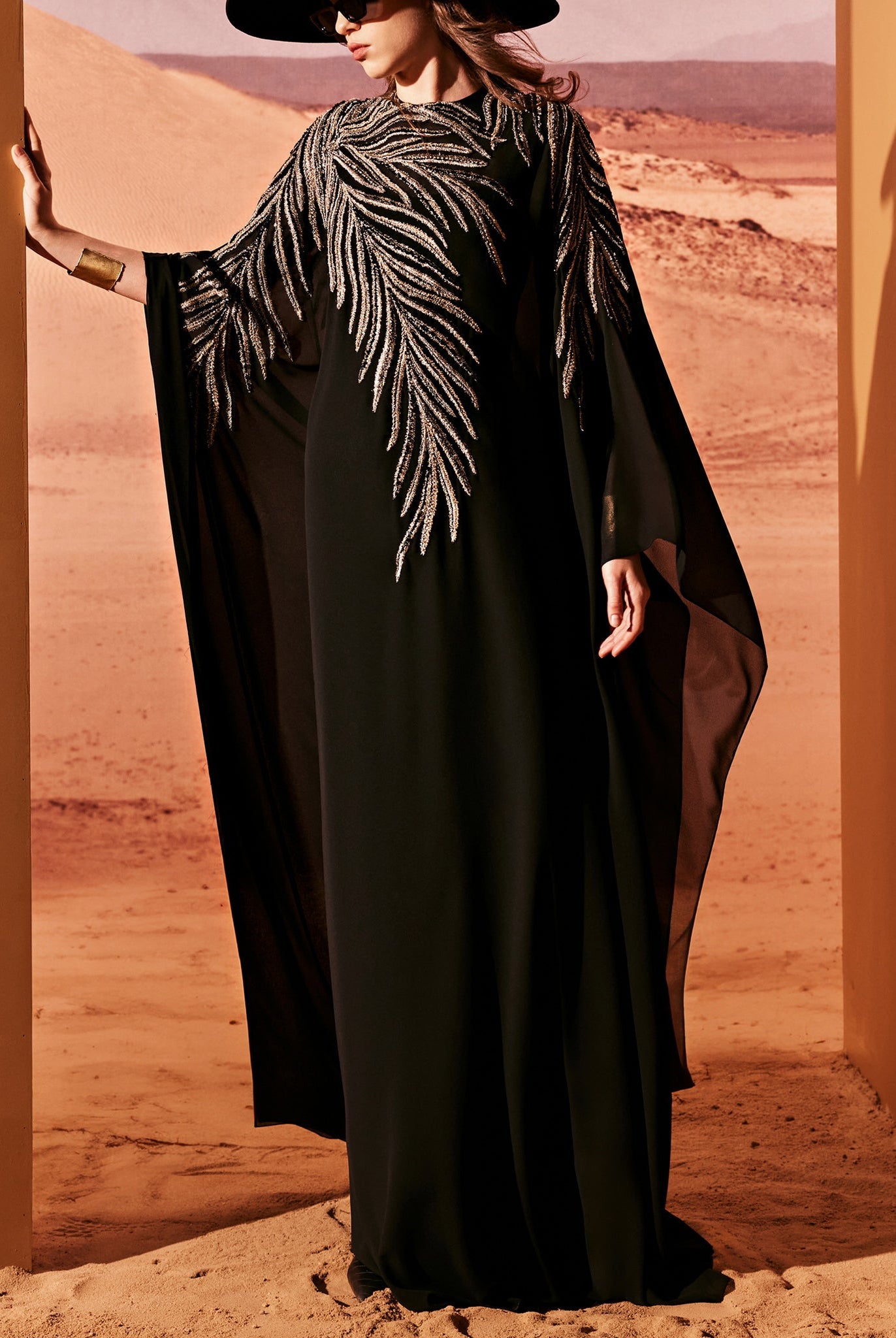 Black Tulle Kimono Dress With Embroidery by Tony Ward