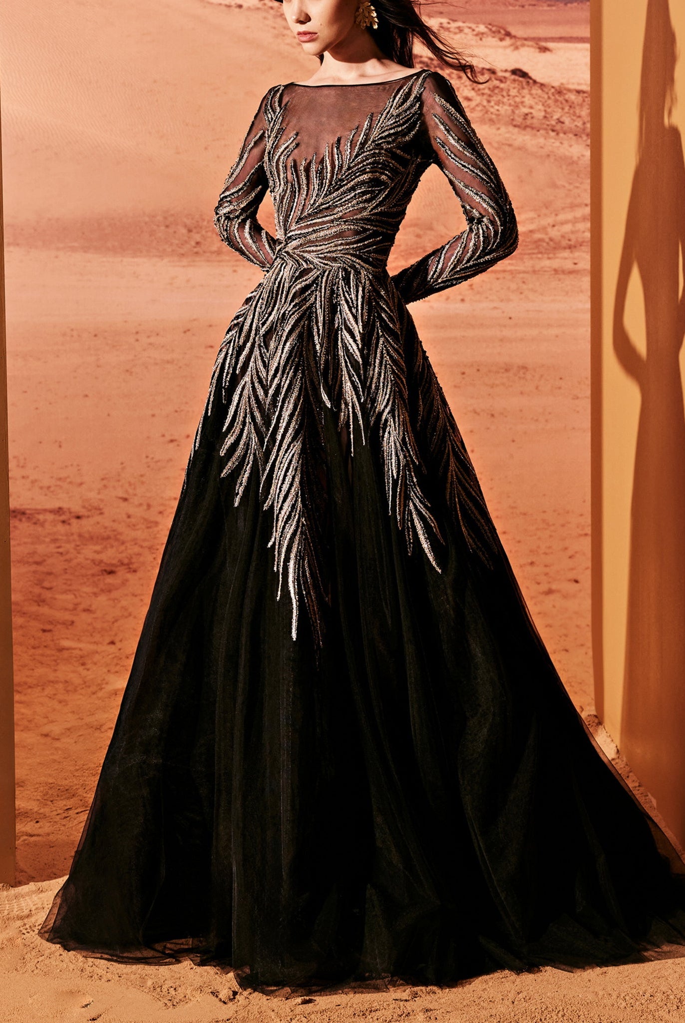Black Tulle Dress With Silver Embroidery by Tony Ward