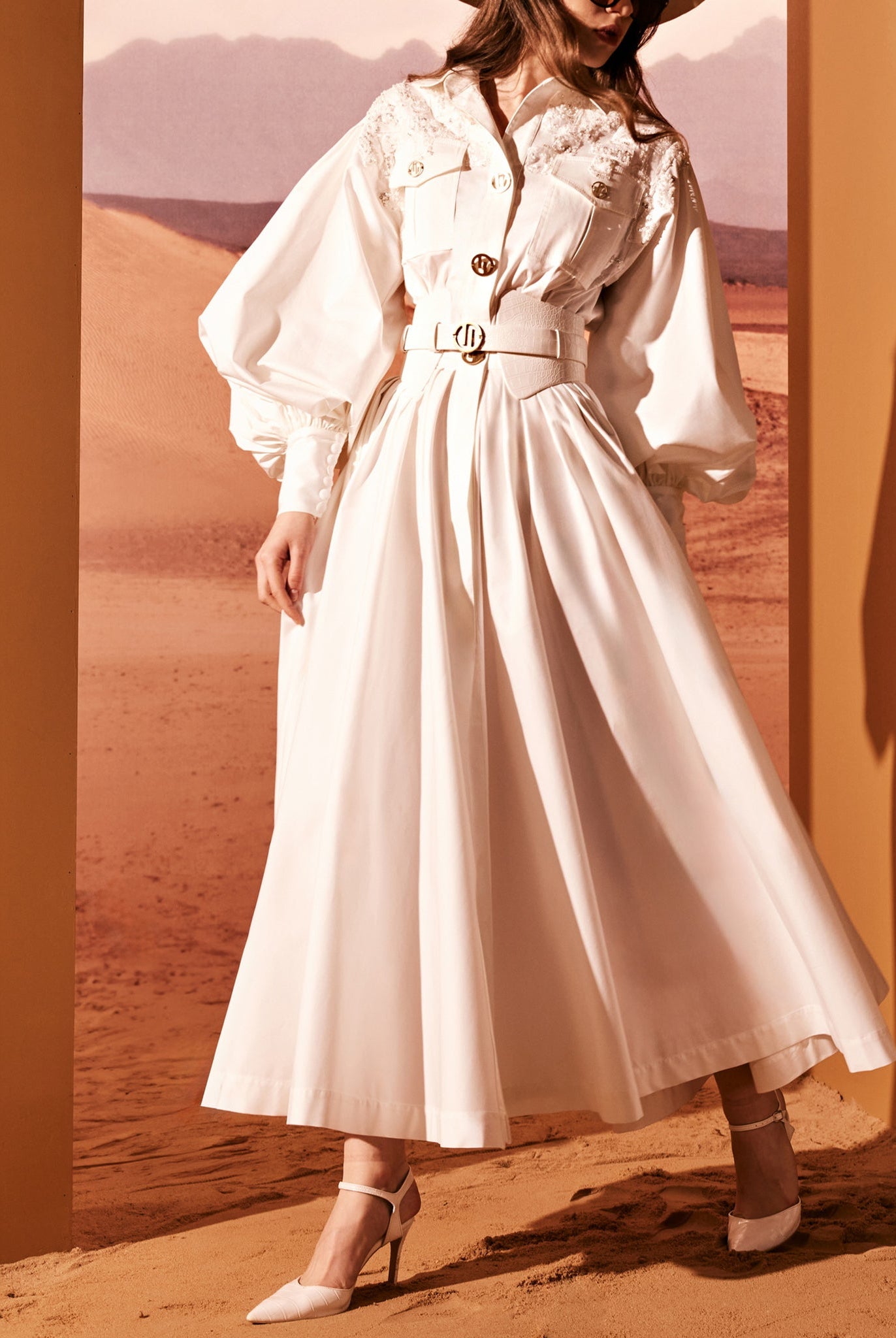 White Taffeta Shirt-Dress With Safari Hat by Tony Ward