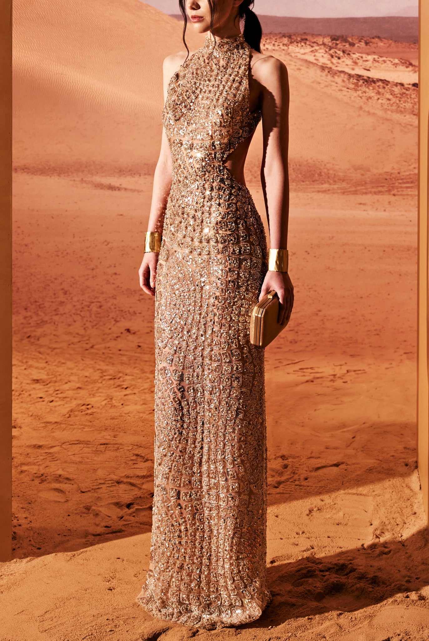 Camel Fitted Dress With Crocodile Embellishment by Tony Ward