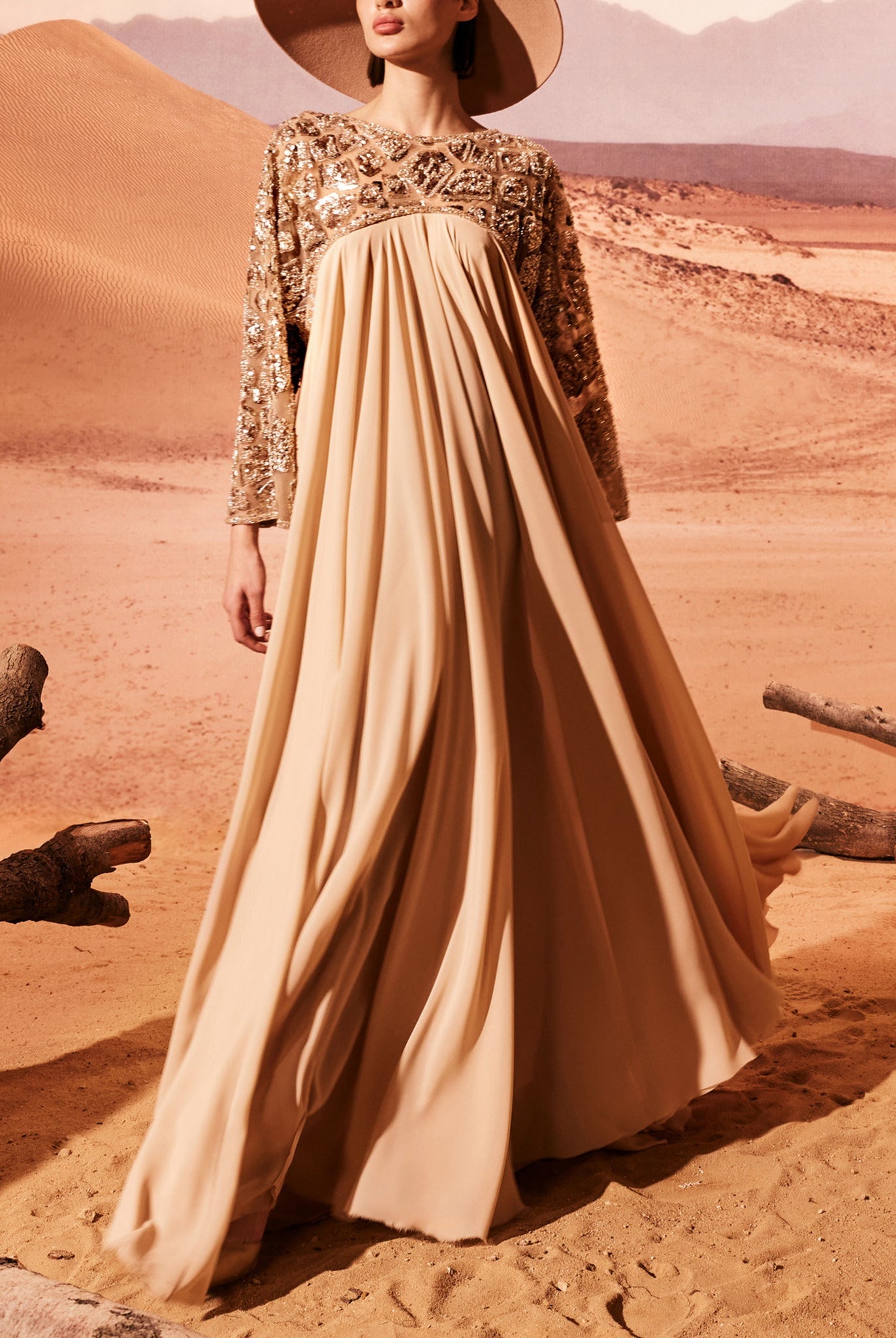 Camel Empire-Cut Dress With Pleats by Tony Ward
