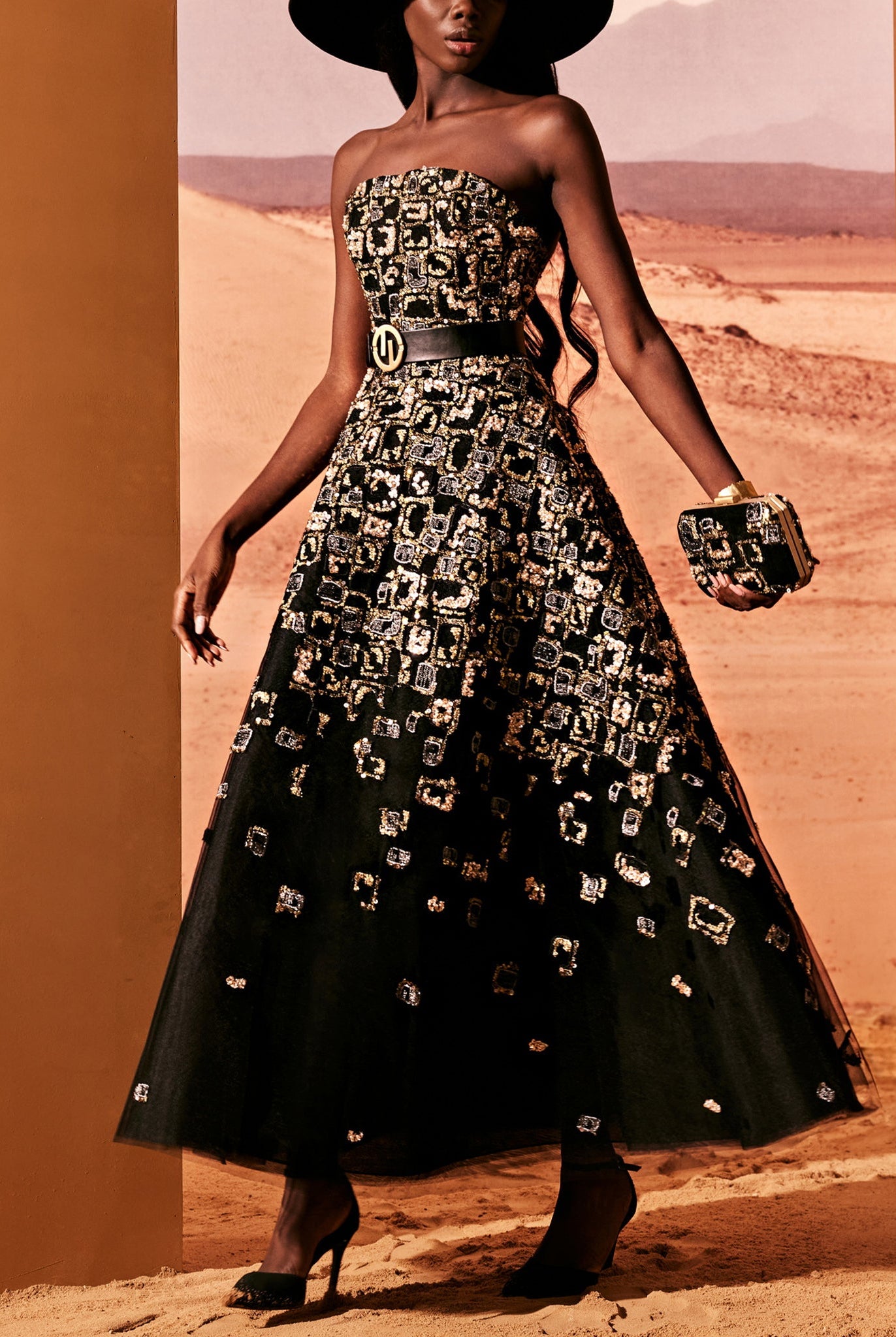 Gold Contrast Embellished Tulle Dress by Tony Ward