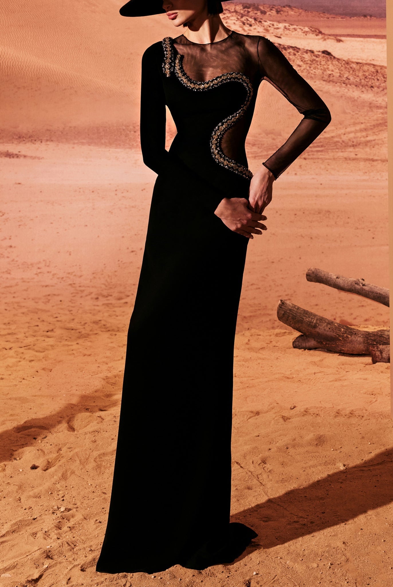 Black Crepe Dress With Sheer Cut-Out by Tony Ward