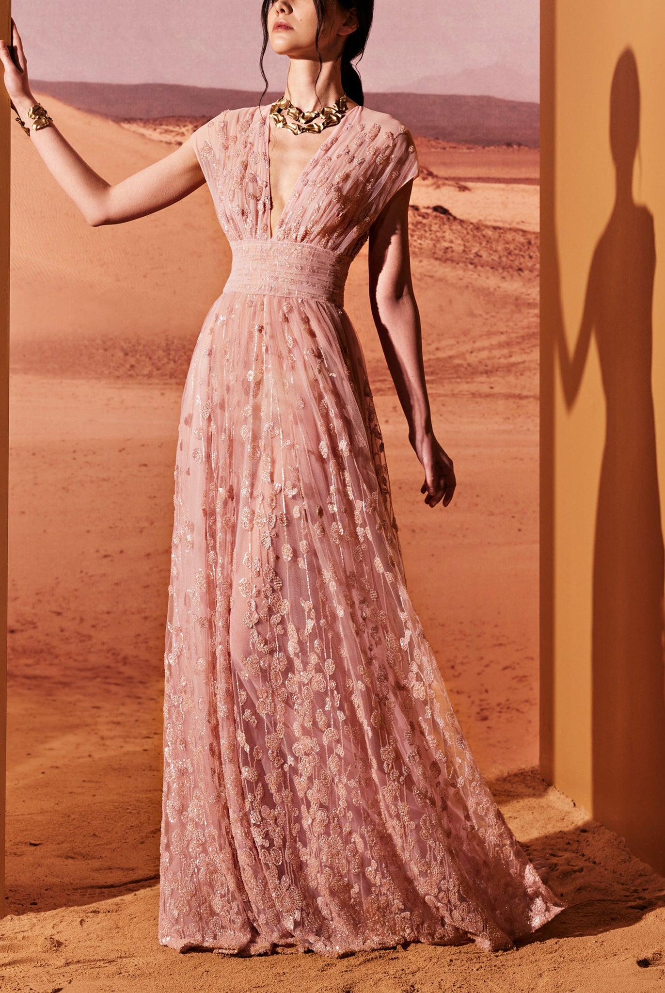 Pink Quartz Tulle Dress With Belt by Tony Ward