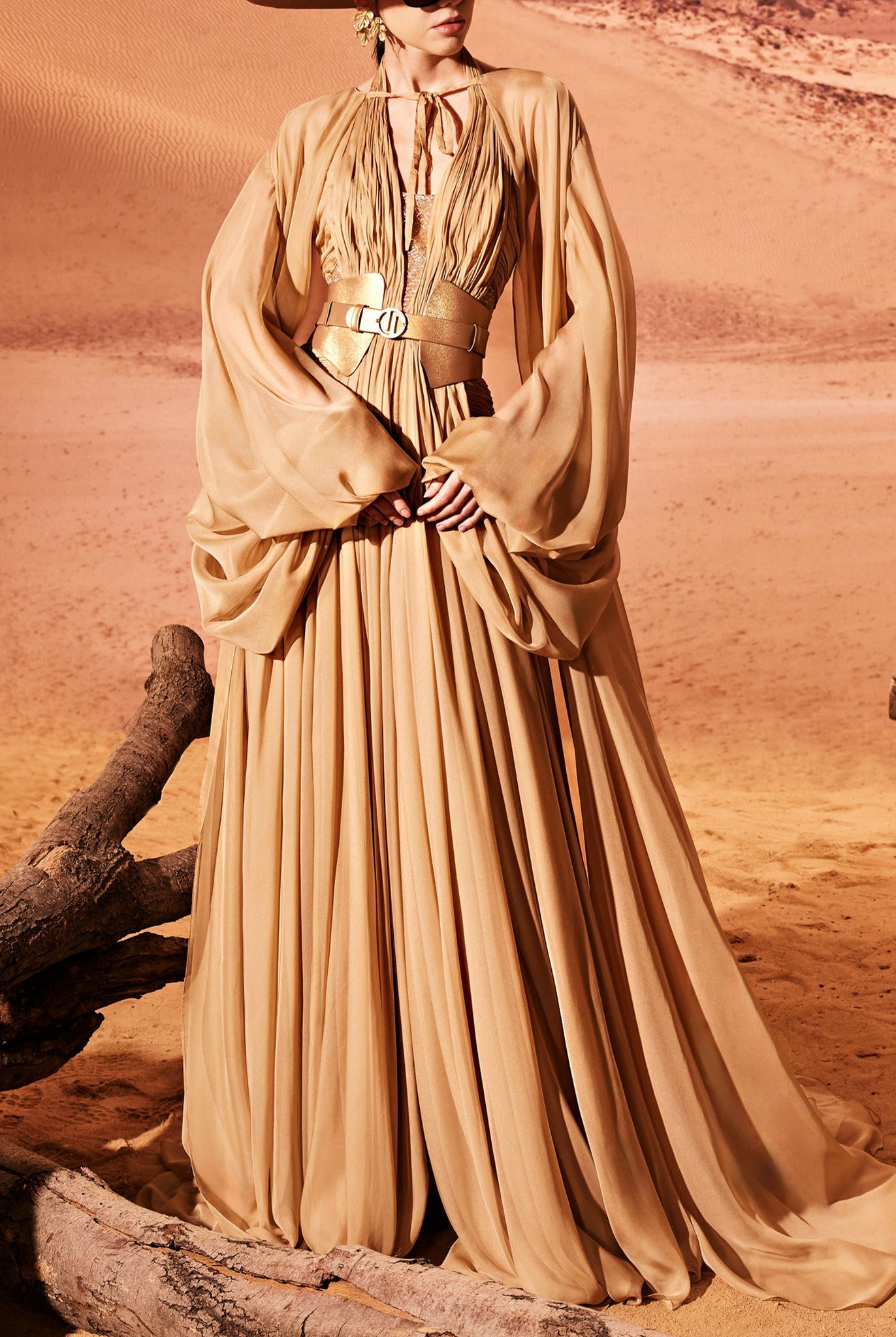 Flowy Camel Muslin Dress With Cape by Tony Ward
