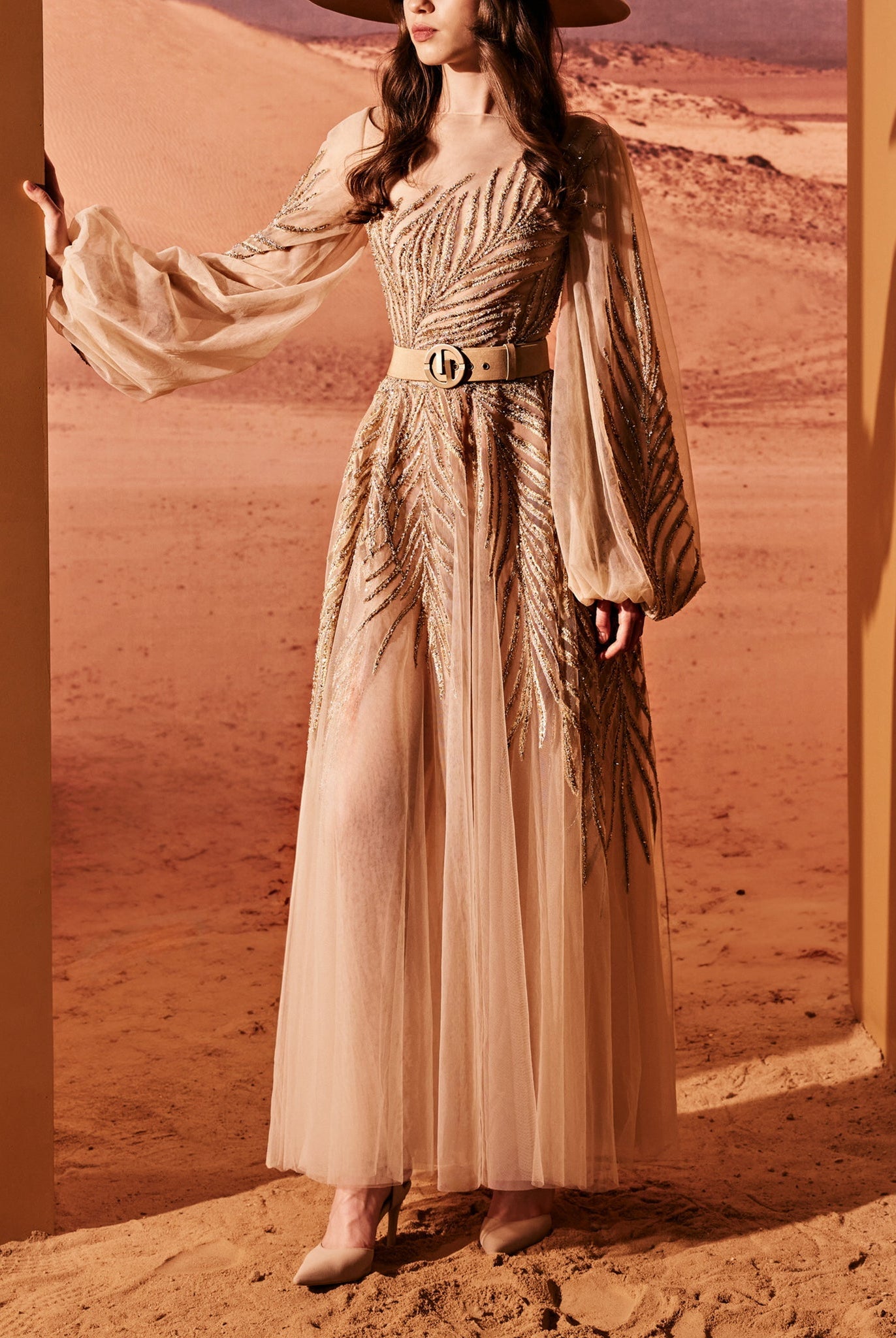 Gold Tulle Dress With Clinched Belt  by Tony Ward