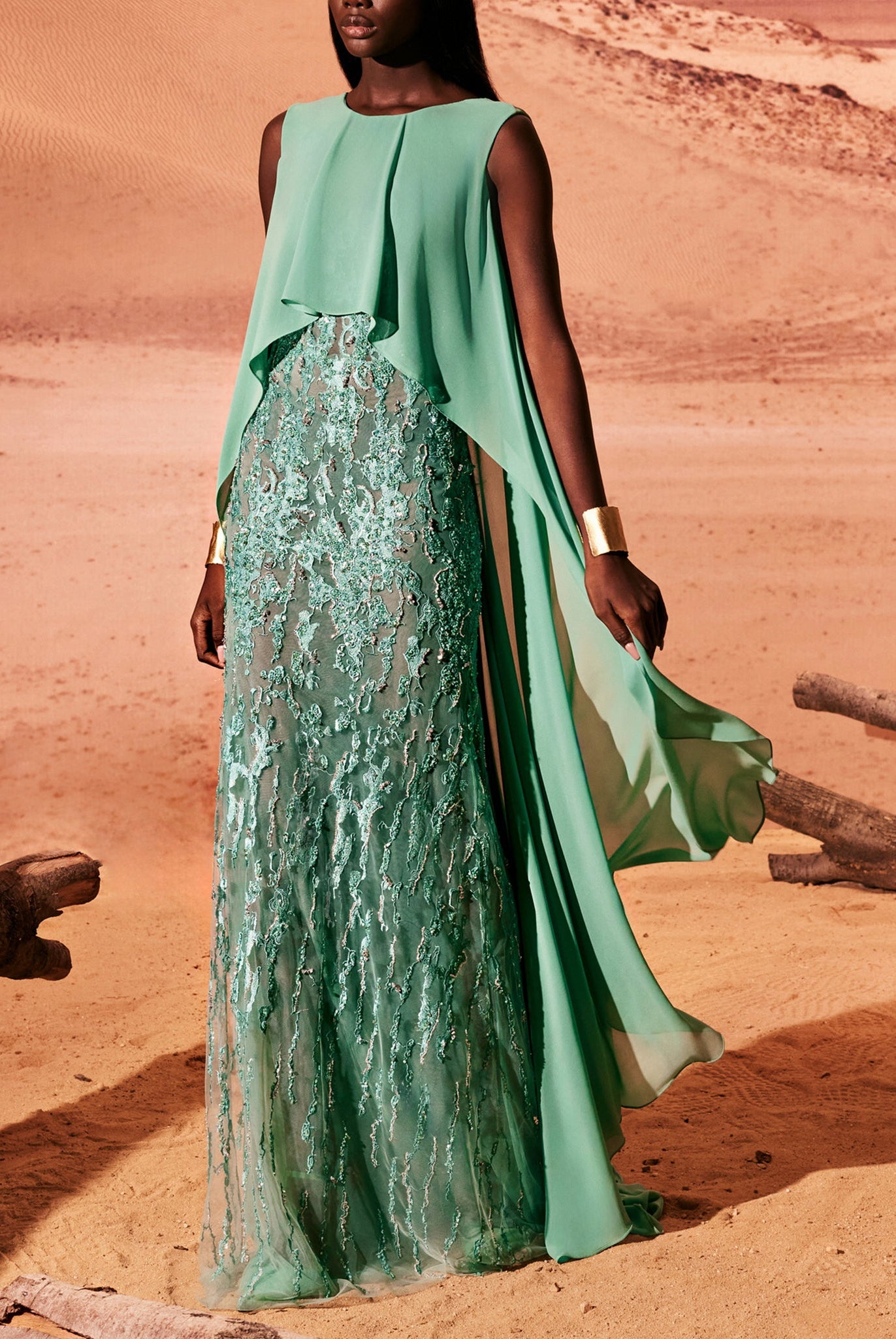 Water Green Tulle Dress With Cape by Tony Ward