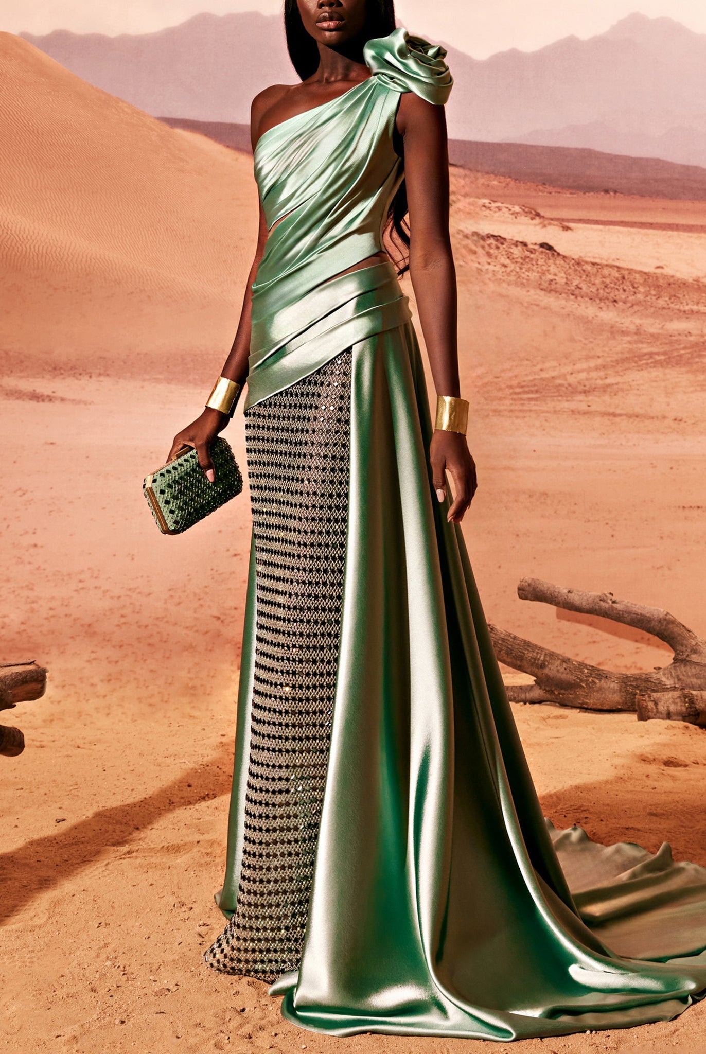 Water Green Dress With Beaded Skirt by Tony Ward