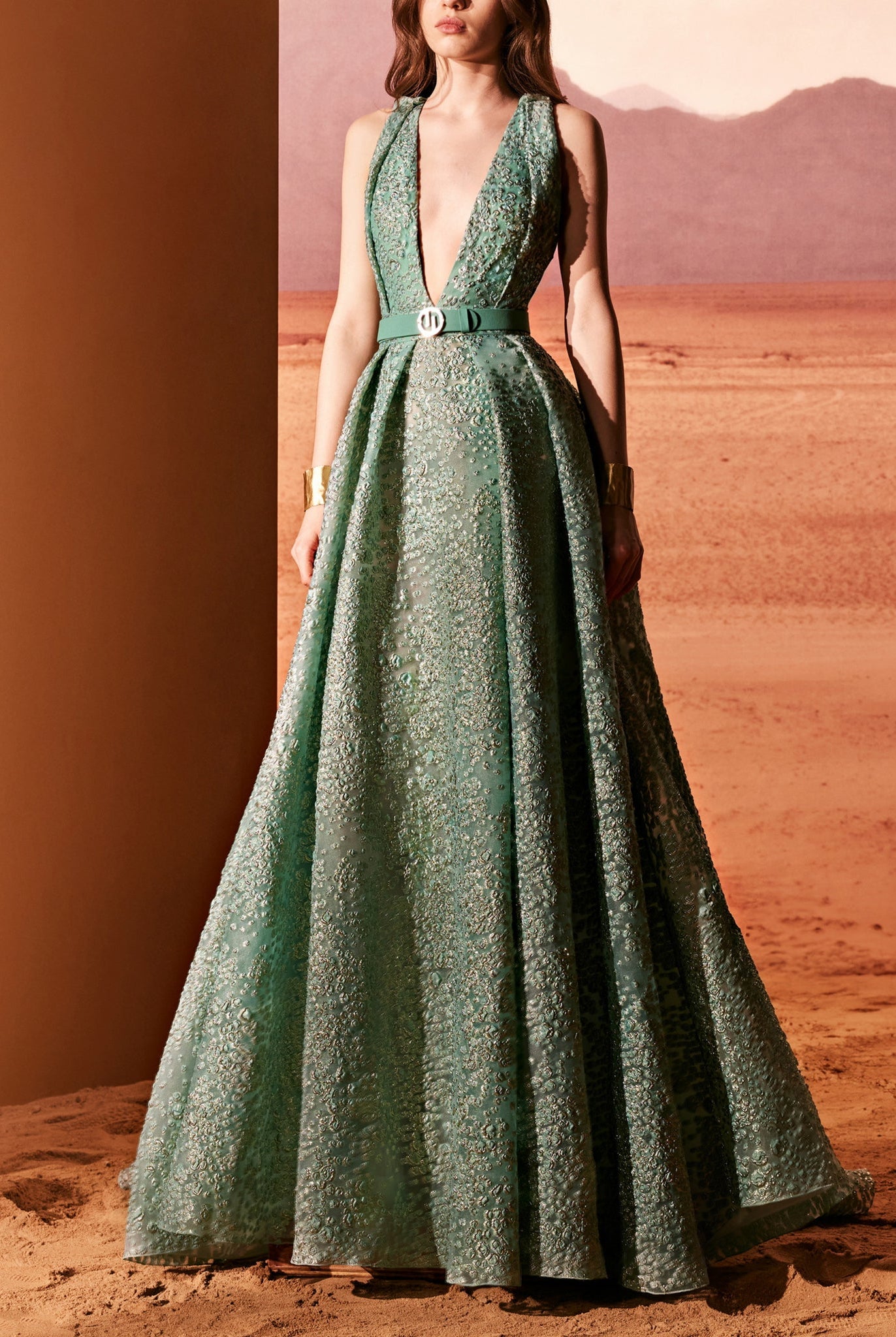 Water Green Organza Dress With Belt by Tony Ward