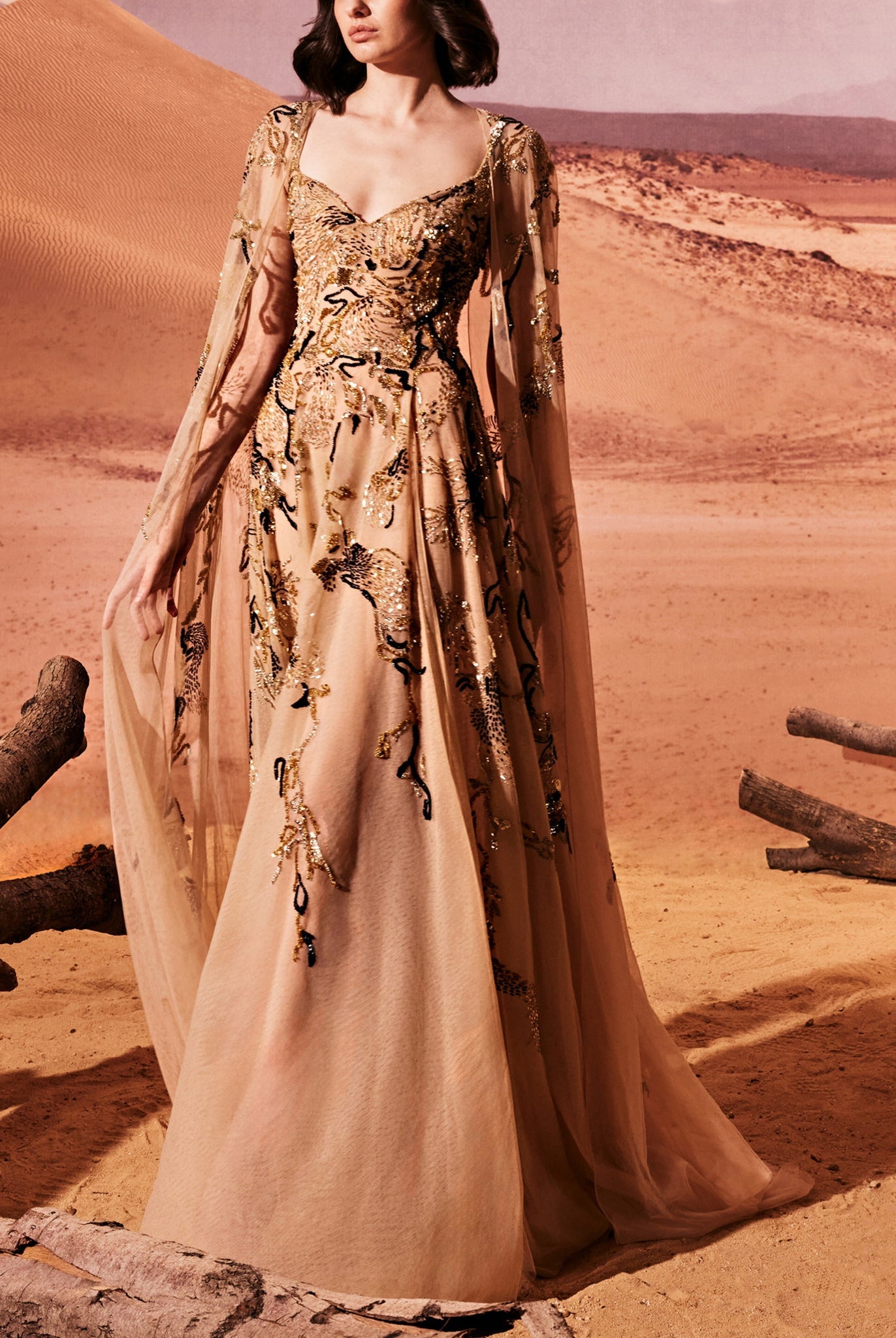 Camel Dress With Black Embroidery by Tony Ward