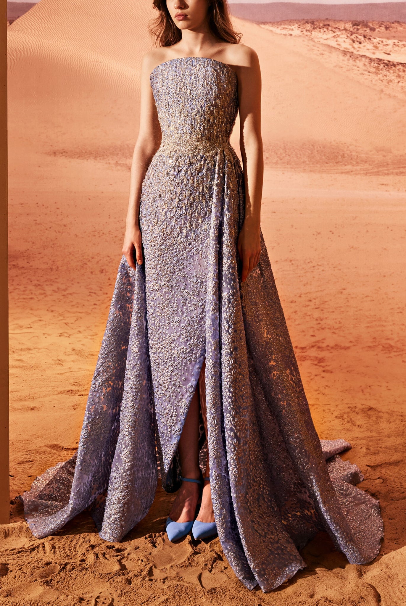 Embellished Blue Serenity Dress With Train by Tony Ward