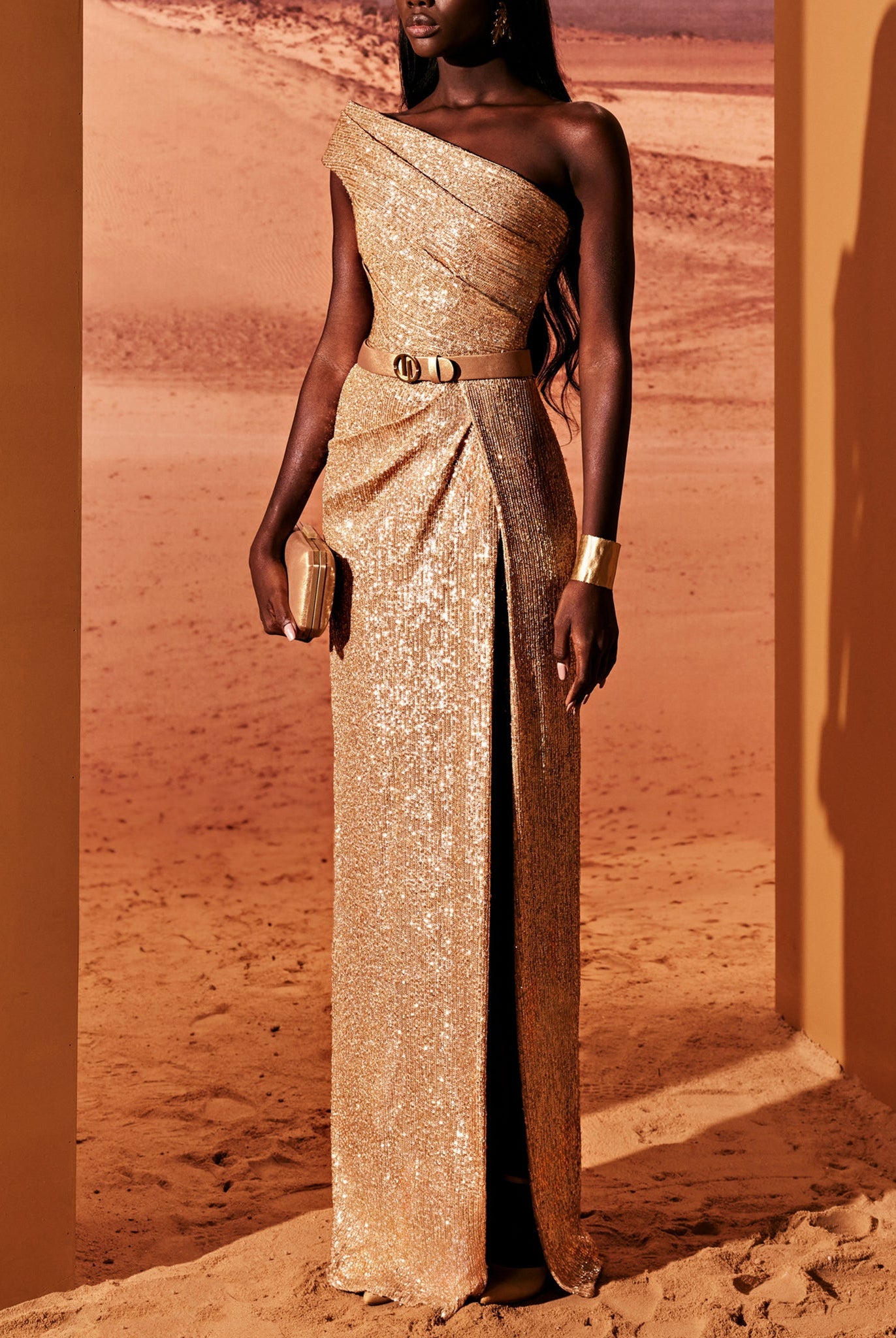 Asymmetrical Camel Sequined Dress  by Tony Ward