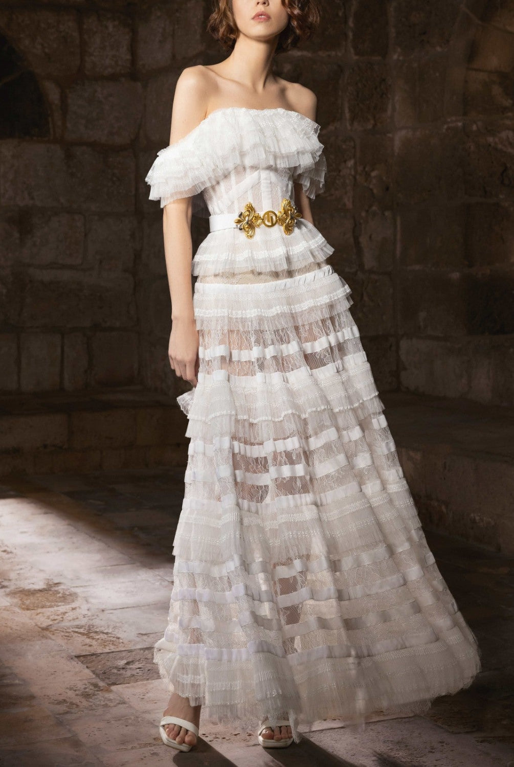 Off-Shoulder Embroidered Lace Dress