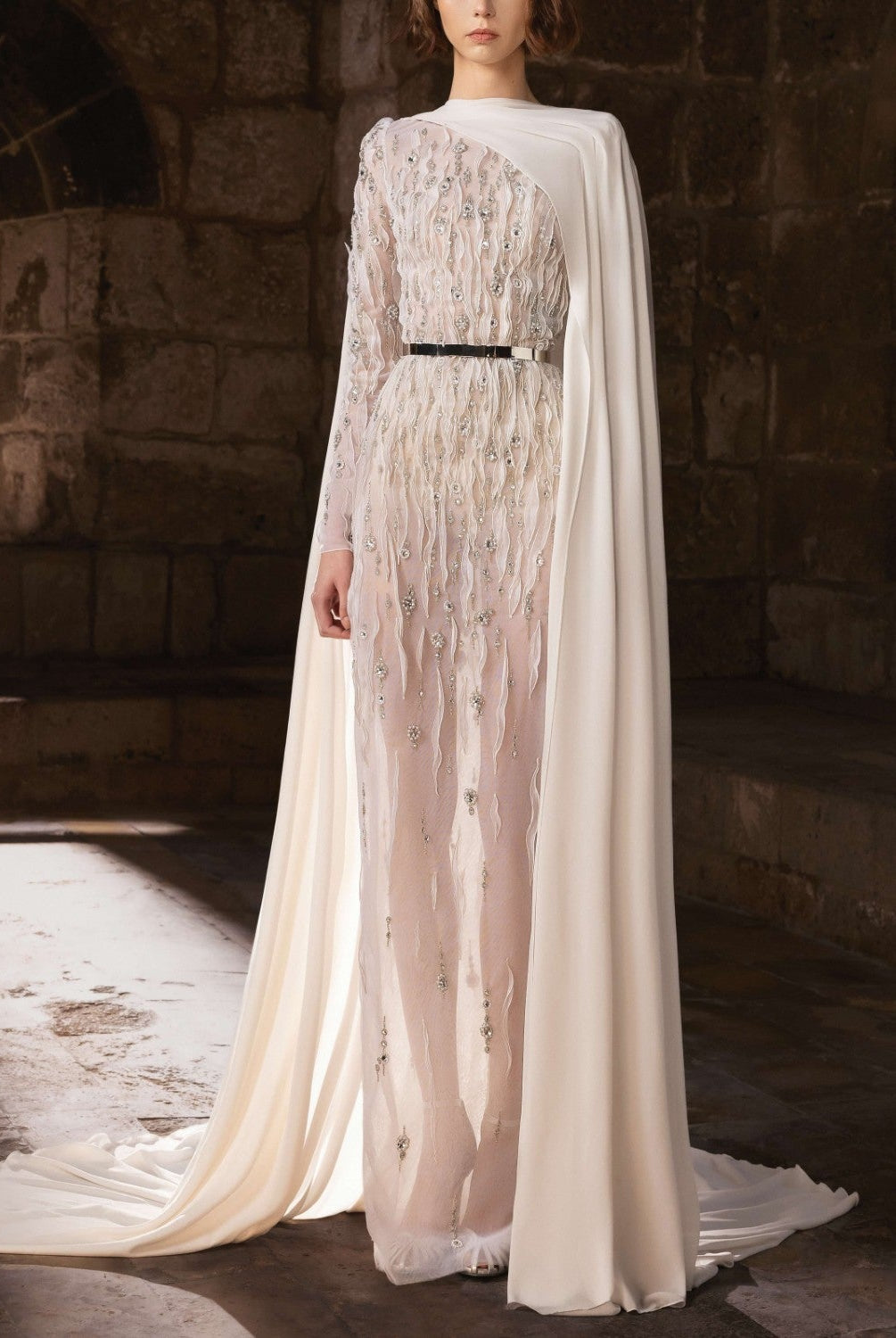 Embroidered Sheer Silk Tulle Gown with Cape