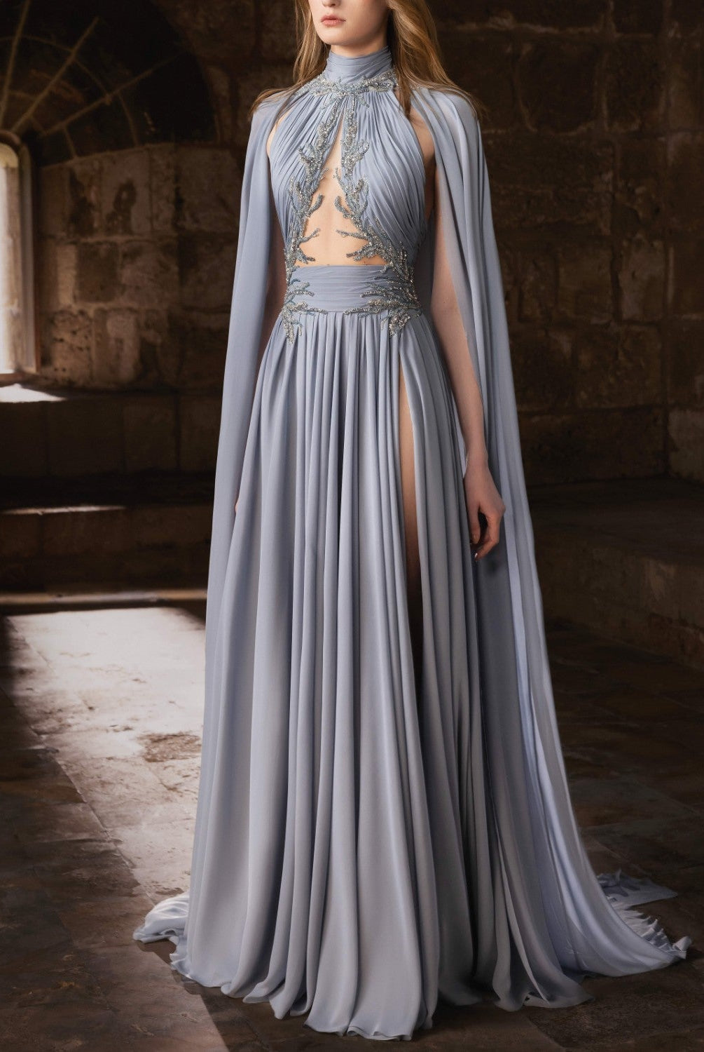 Dusty Blue Moussekine Dress with Sheer Embroidery& Cape Sleeves