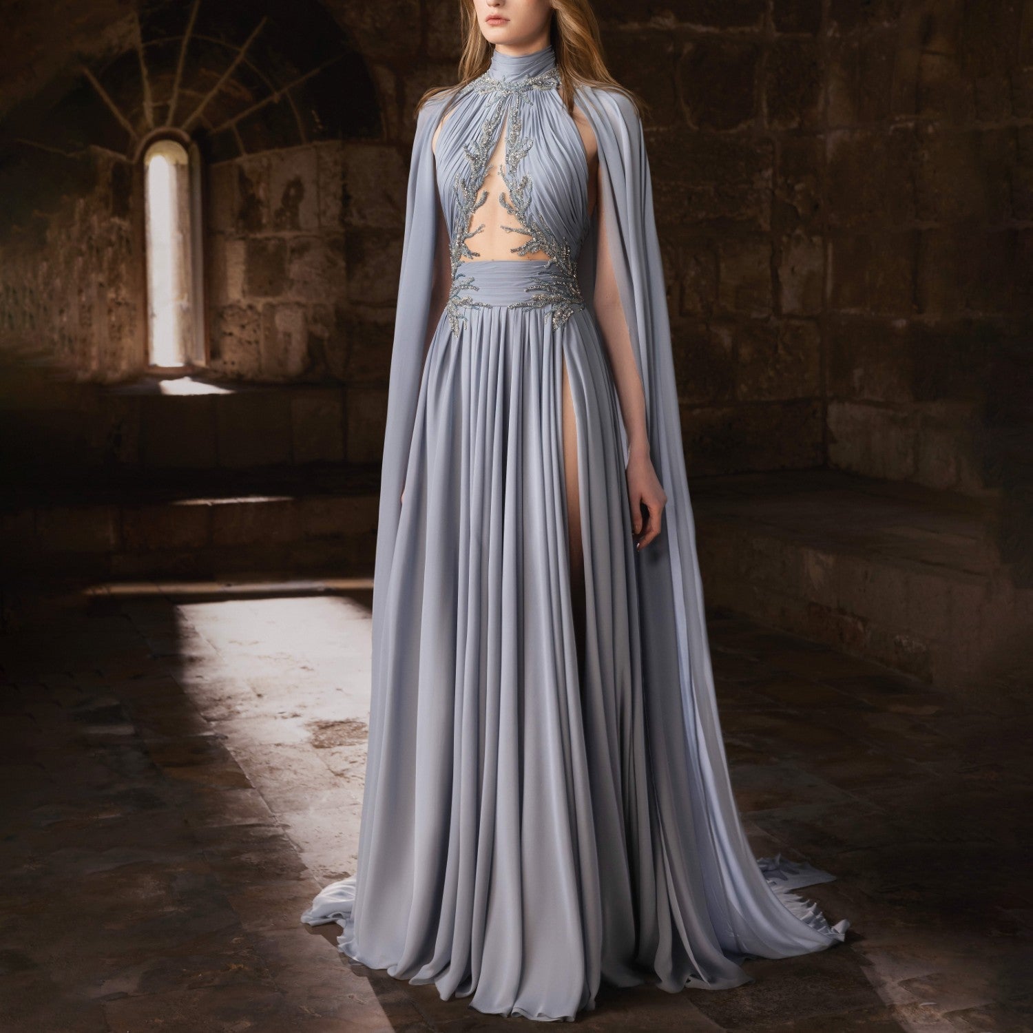 Dusty Blue Moussekine Dress with Sheer Embroidery& Cape Sleeves