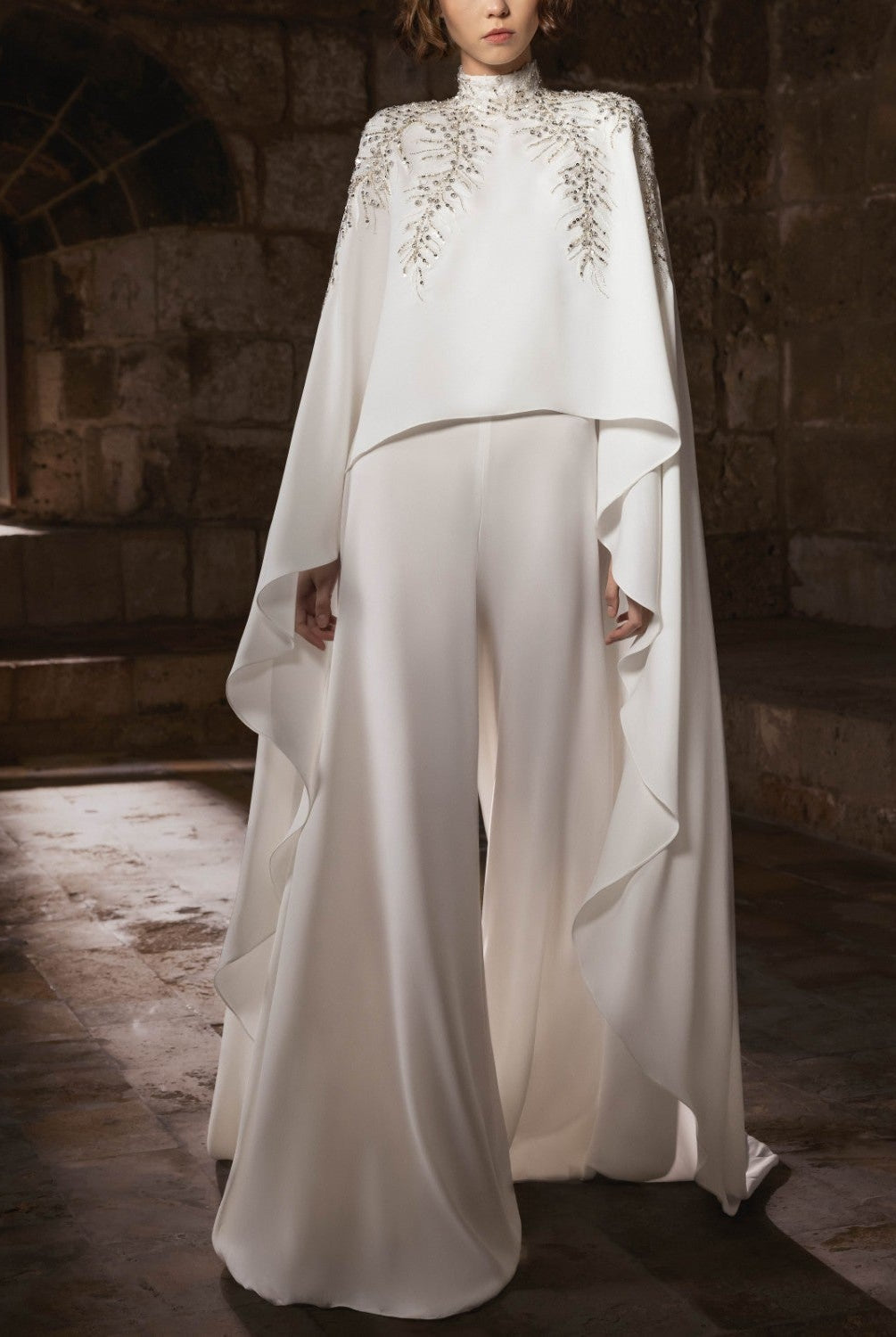 High-Neck White Crepe Jumpsuit with Embroidered & Cape Detail