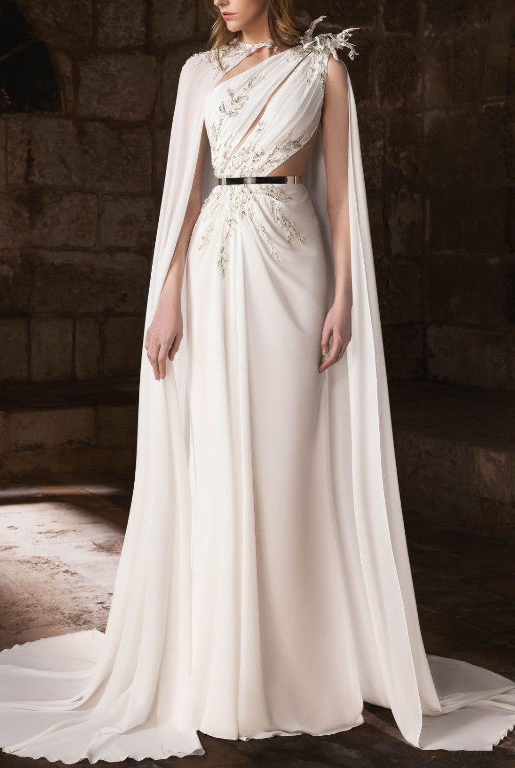 White Embroidered Cape Gown with Cutout Waist