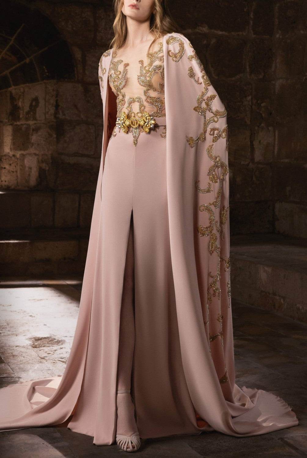 Soft Rose Crepe Gown with Cape