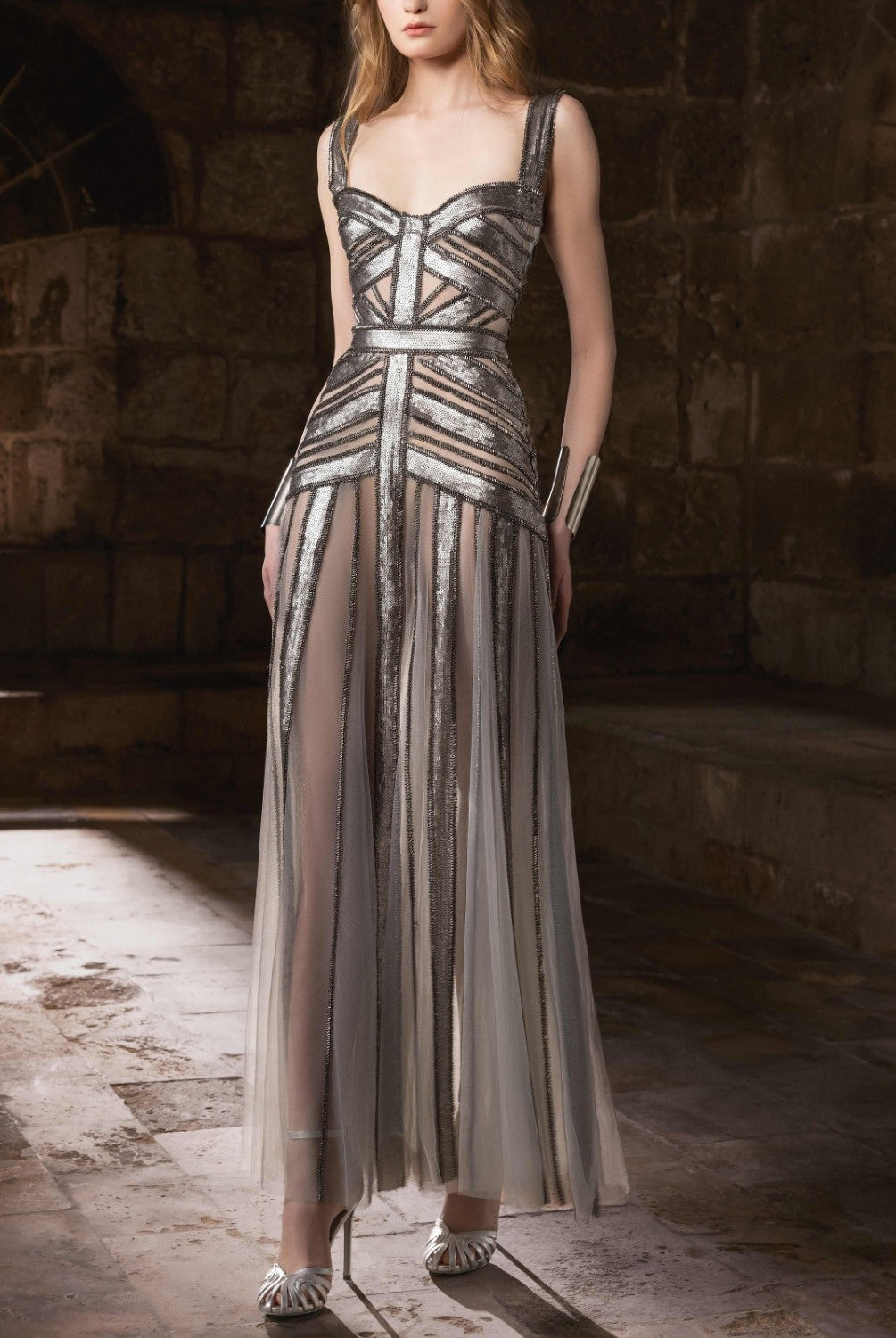 Silver Paillette Midi A-Line Dress
