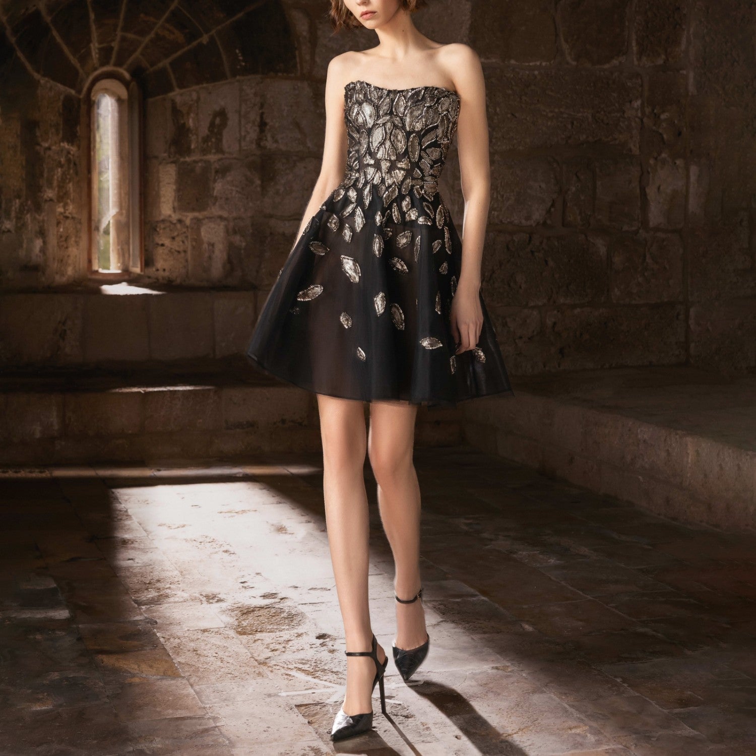 Black Strapless Mini Dress with Matte Sequins