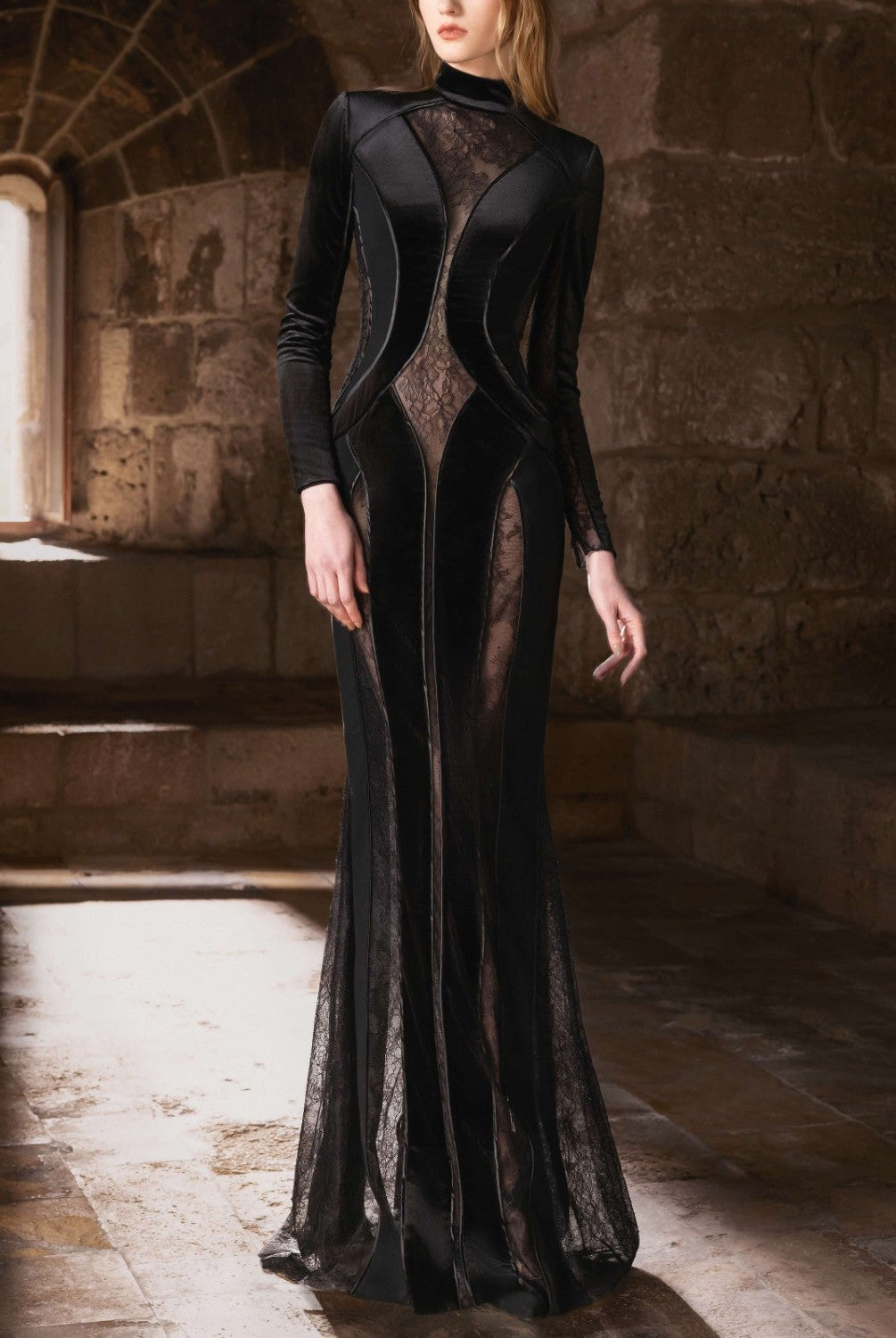 Black Lace & Crepe Gown with Sculpted Panels