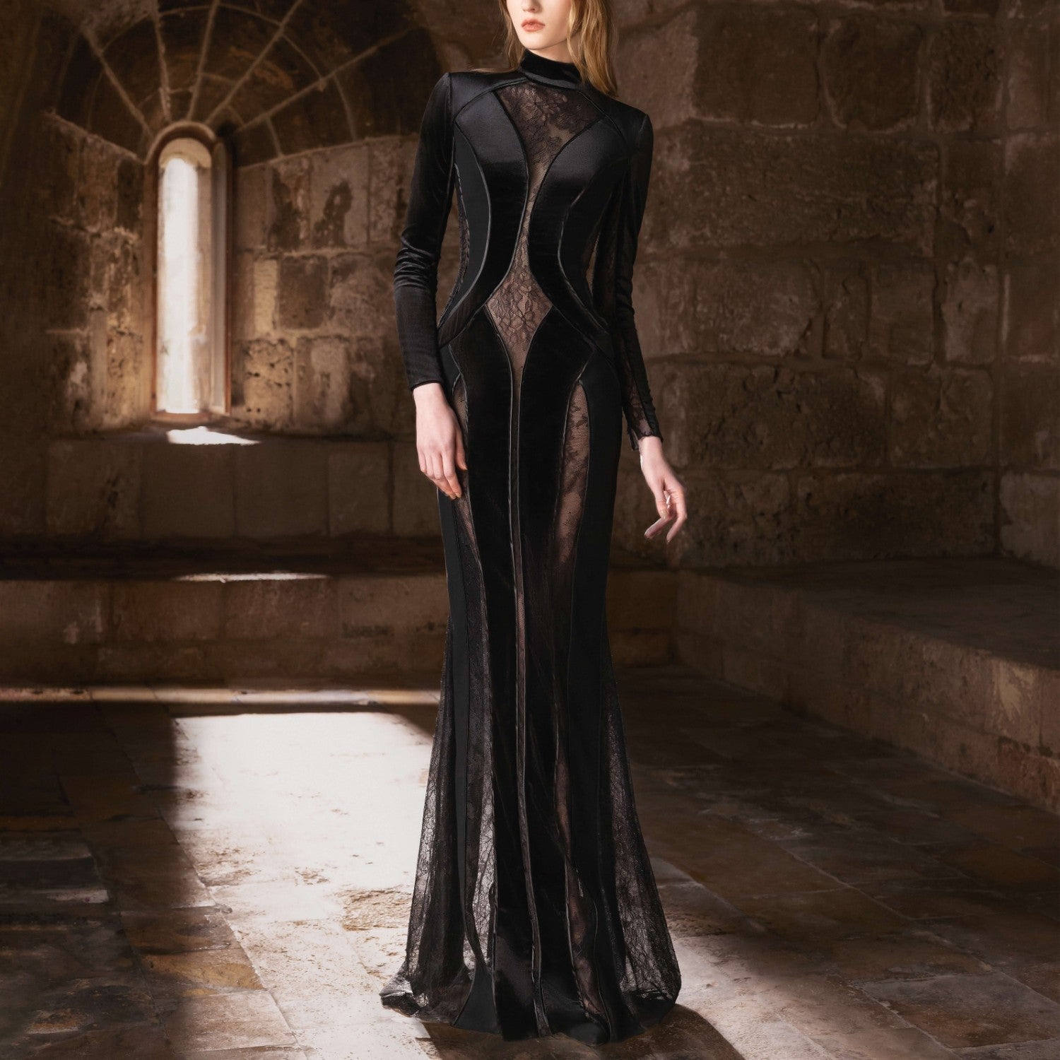 Black Lace & Crepe Gown with Sculpted Panels