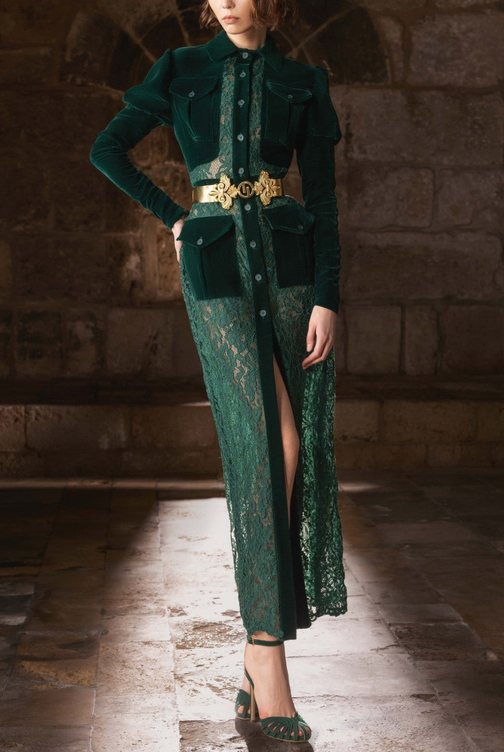 Forest Green Velvet & Lace Midi Dress