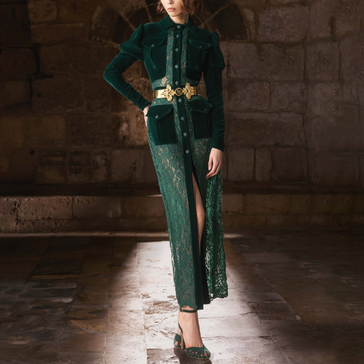 Forest Green Velvet & Lace Midi Dress