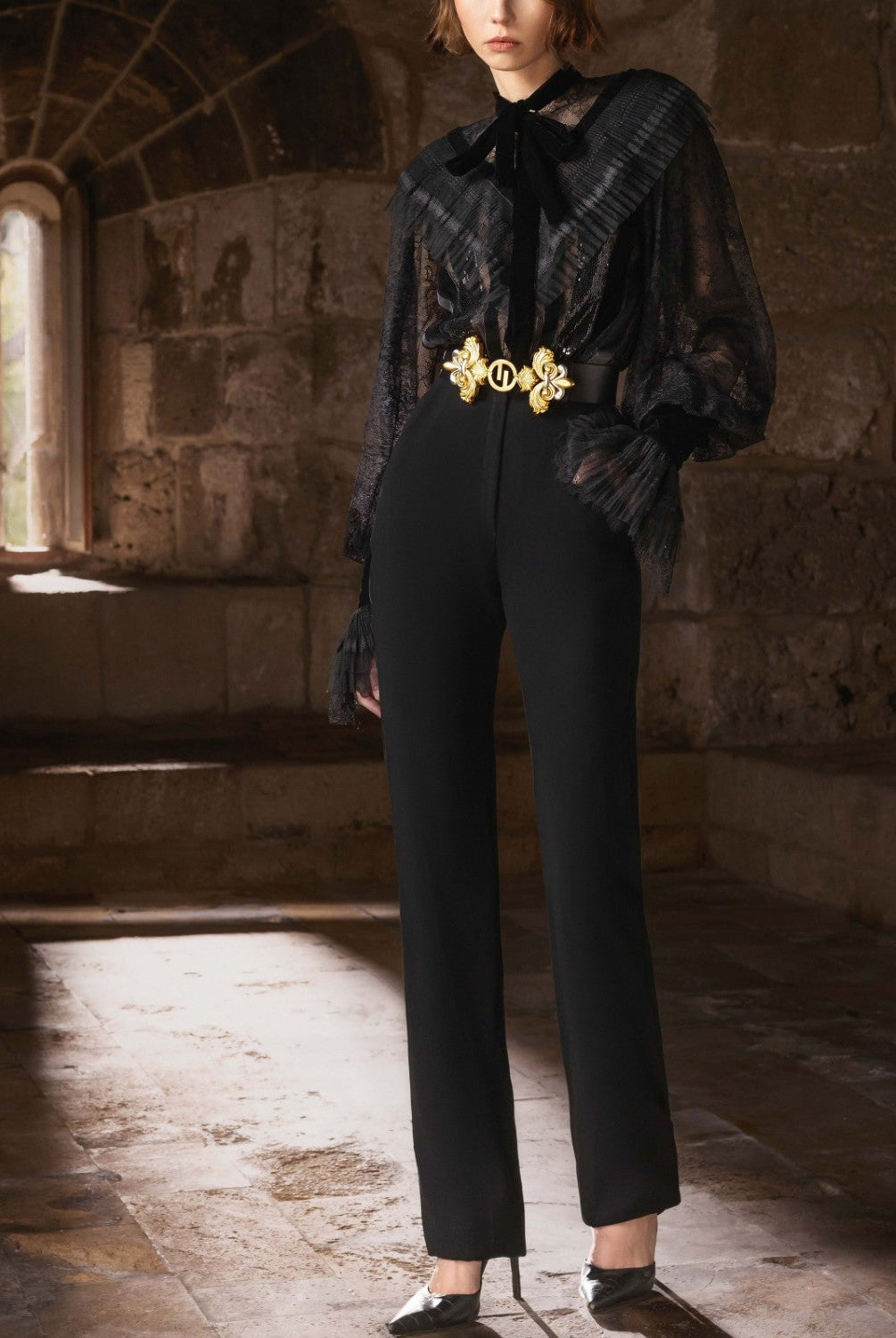 Black Lace High-Neck Blouse & Crepe Trousers
