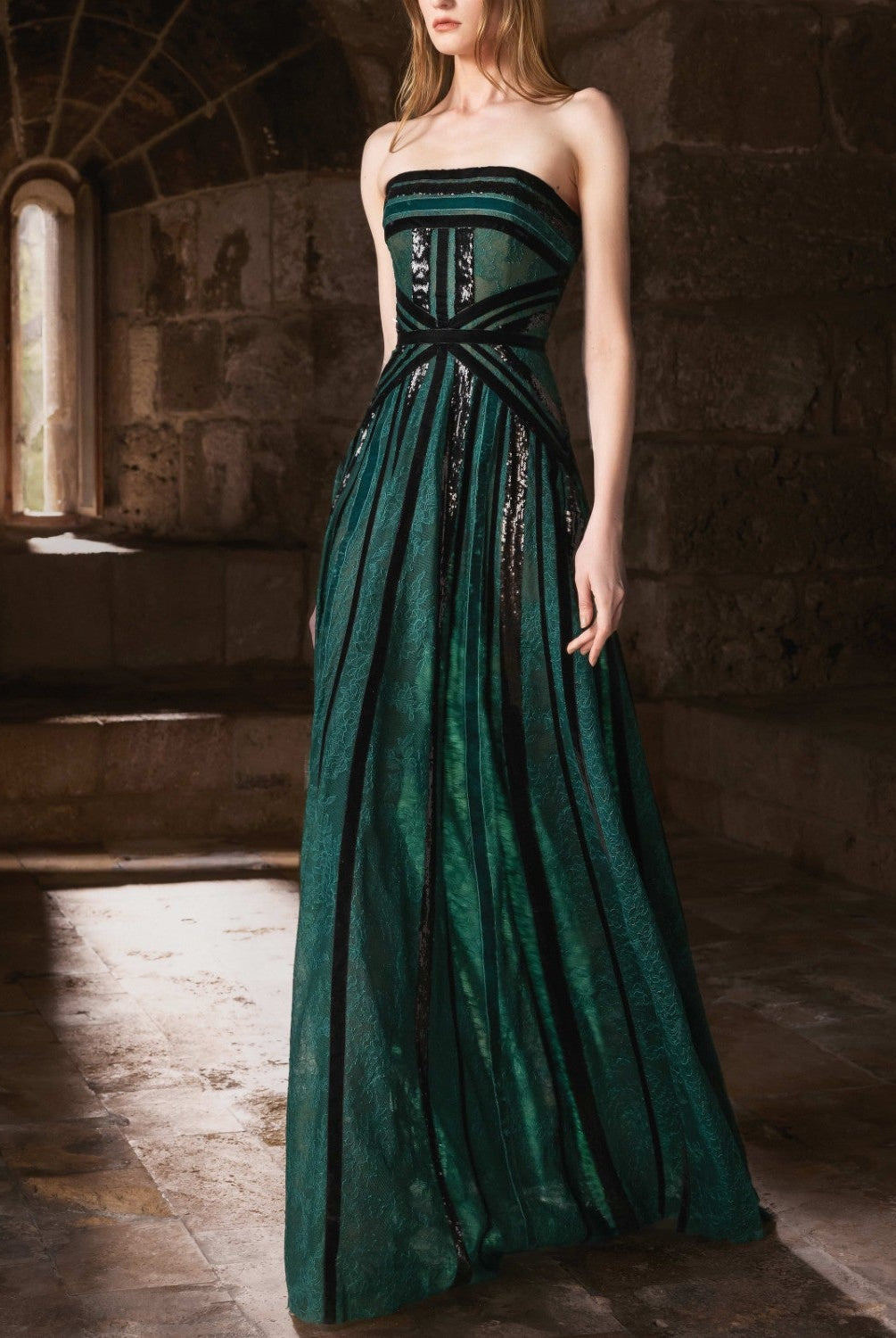 Strapless Forest Green Velvet Gown with Lace