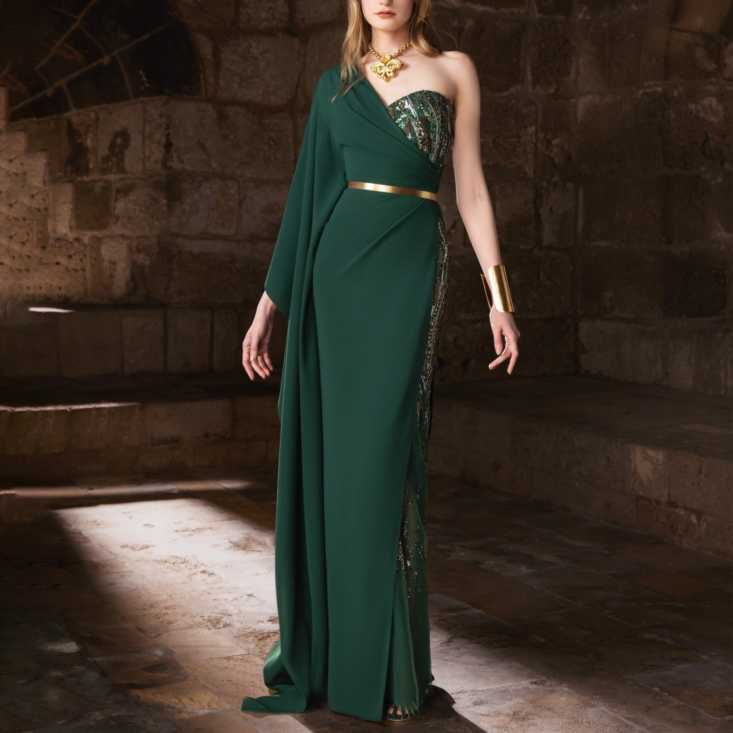 Forest Green Asymmetrical Gown