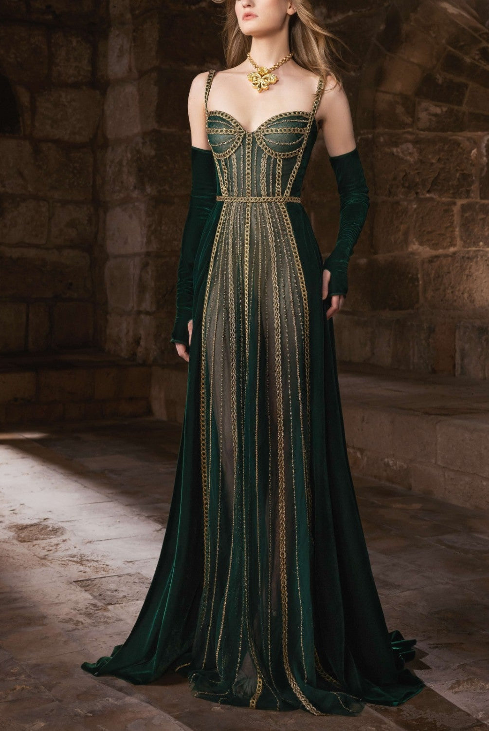 Forest Green Velvet & Tulle Embroidered Dress