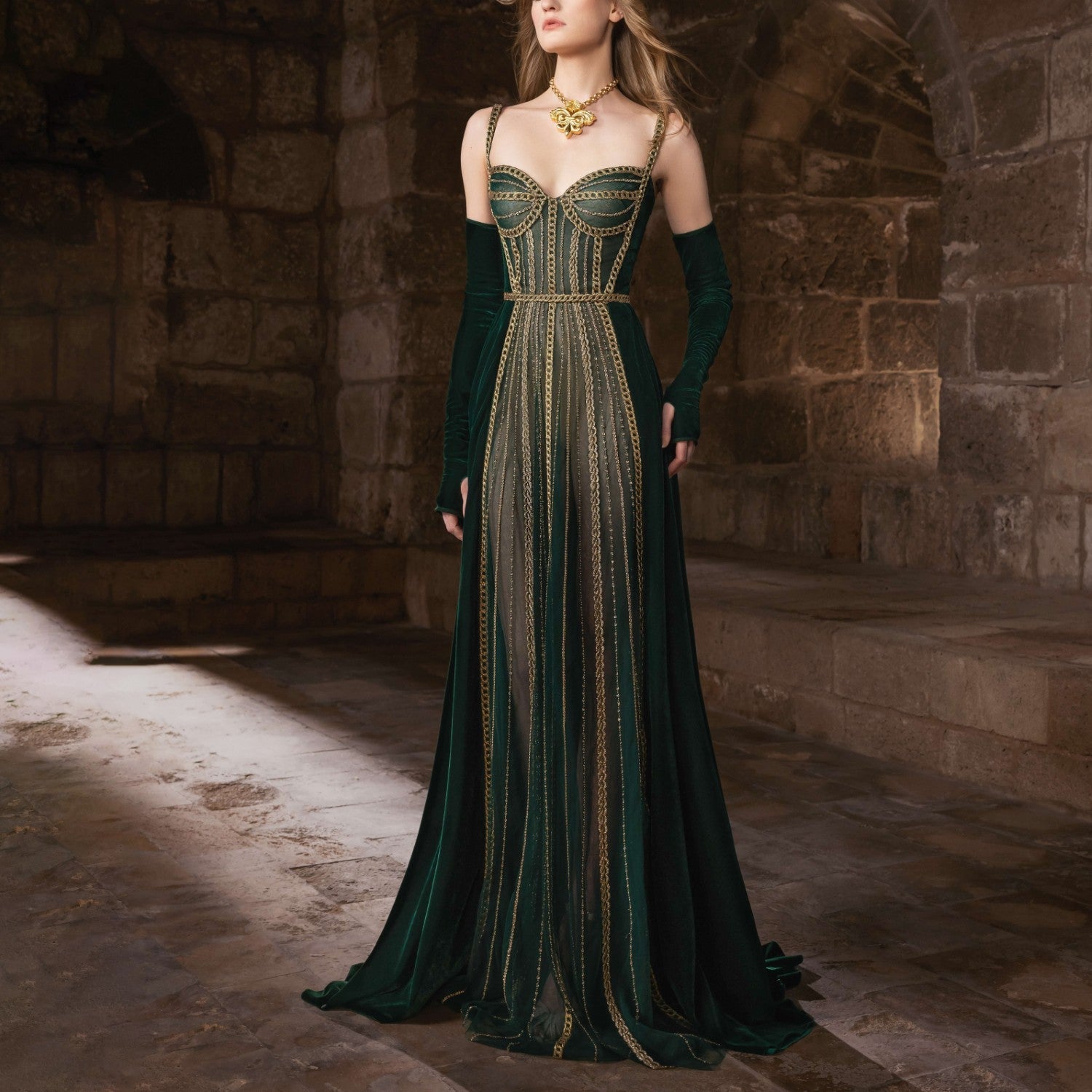 Forest Green Velvet & Tulle Embroidered Dress
