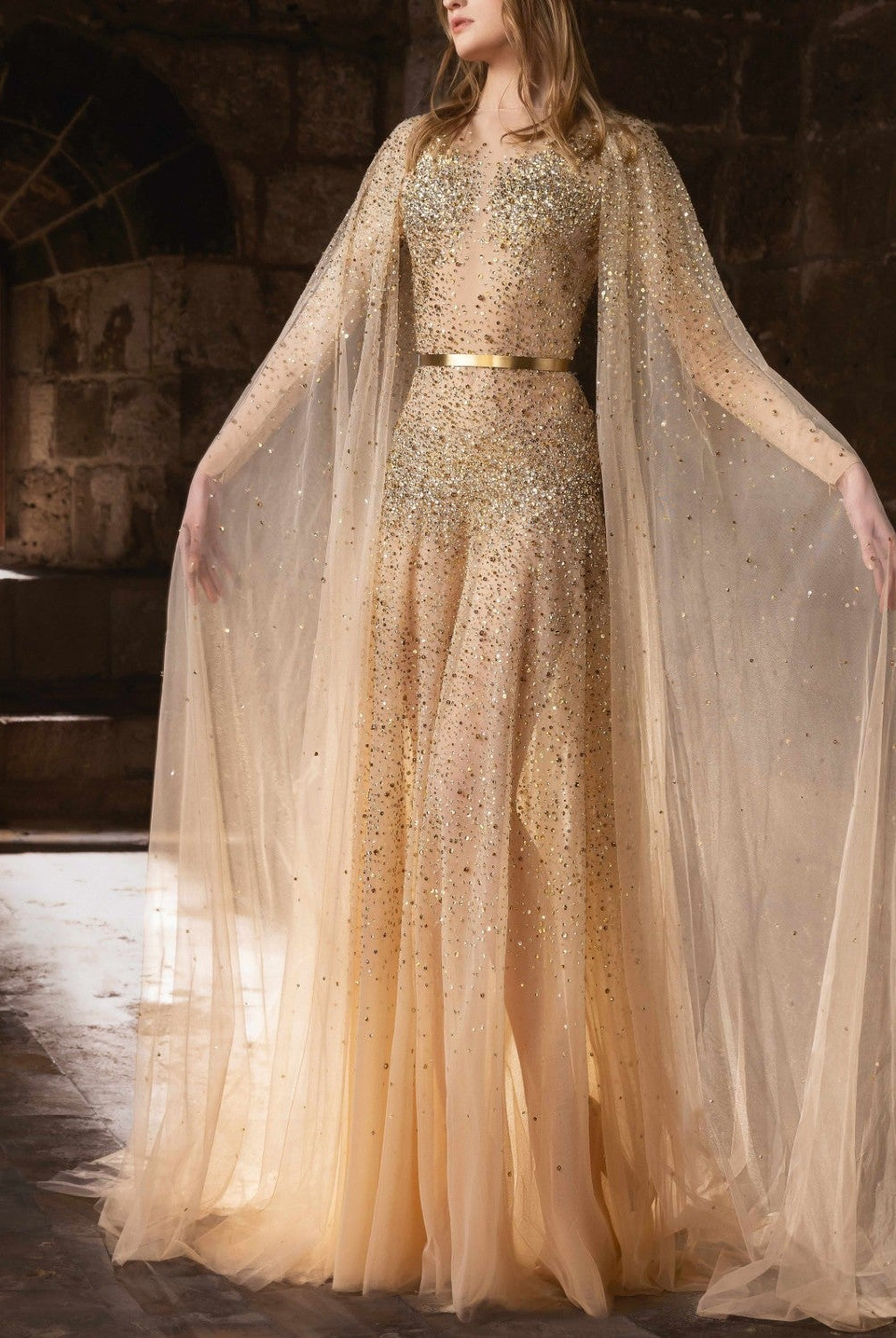 Sheer Skin-Tone Tulle Dress with Gradient Embroidery