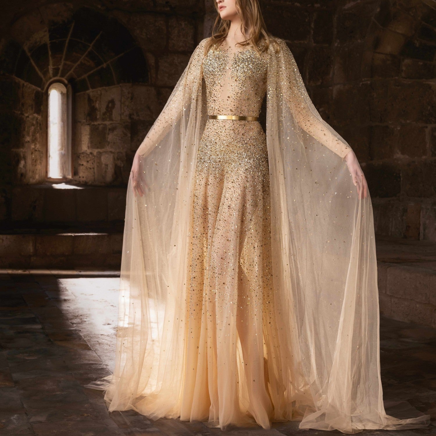 Sheer Skin-Tone Tulle Dress with Gradient Embroidery