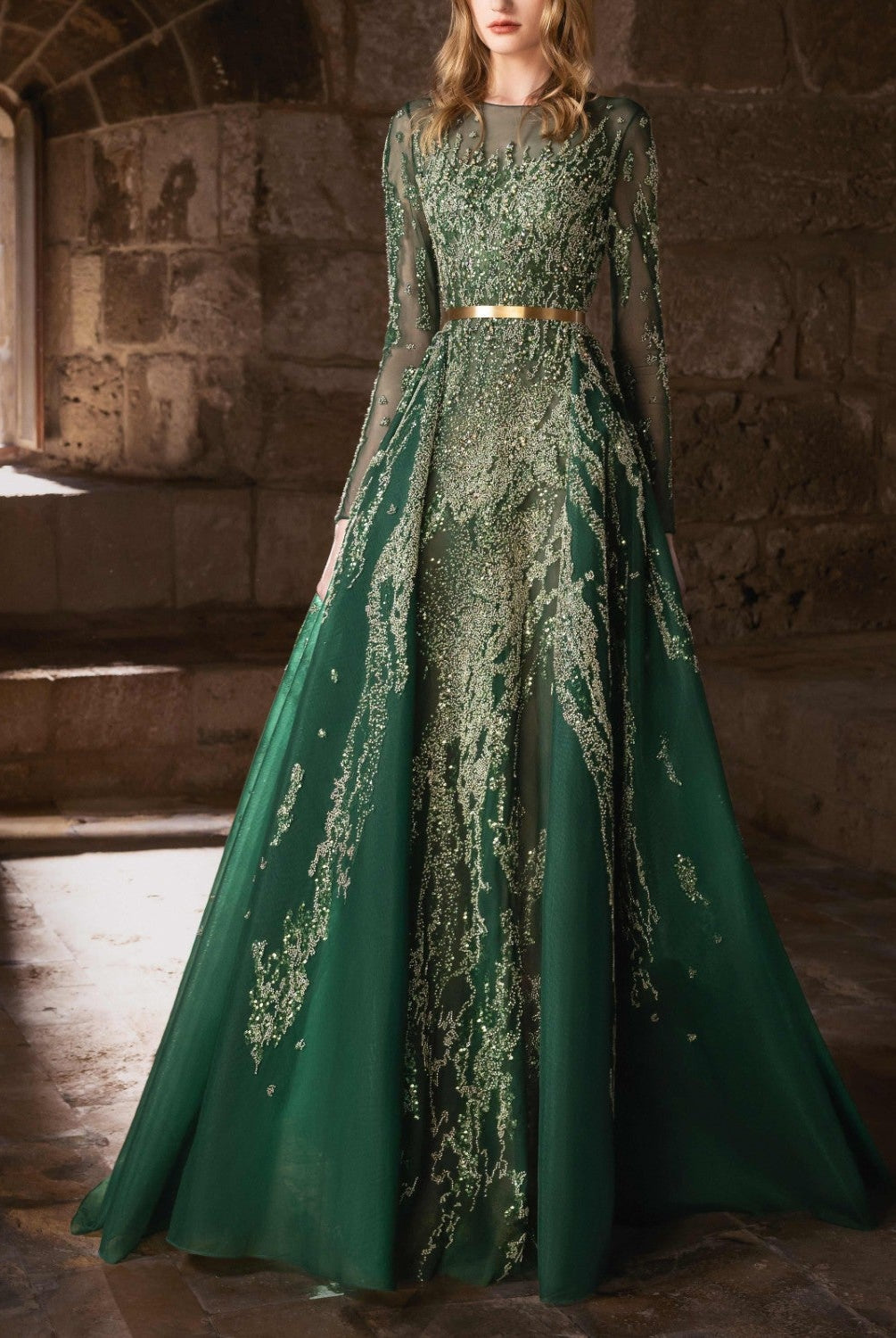 Forest Green Tulle Gown with Gold Embroidery